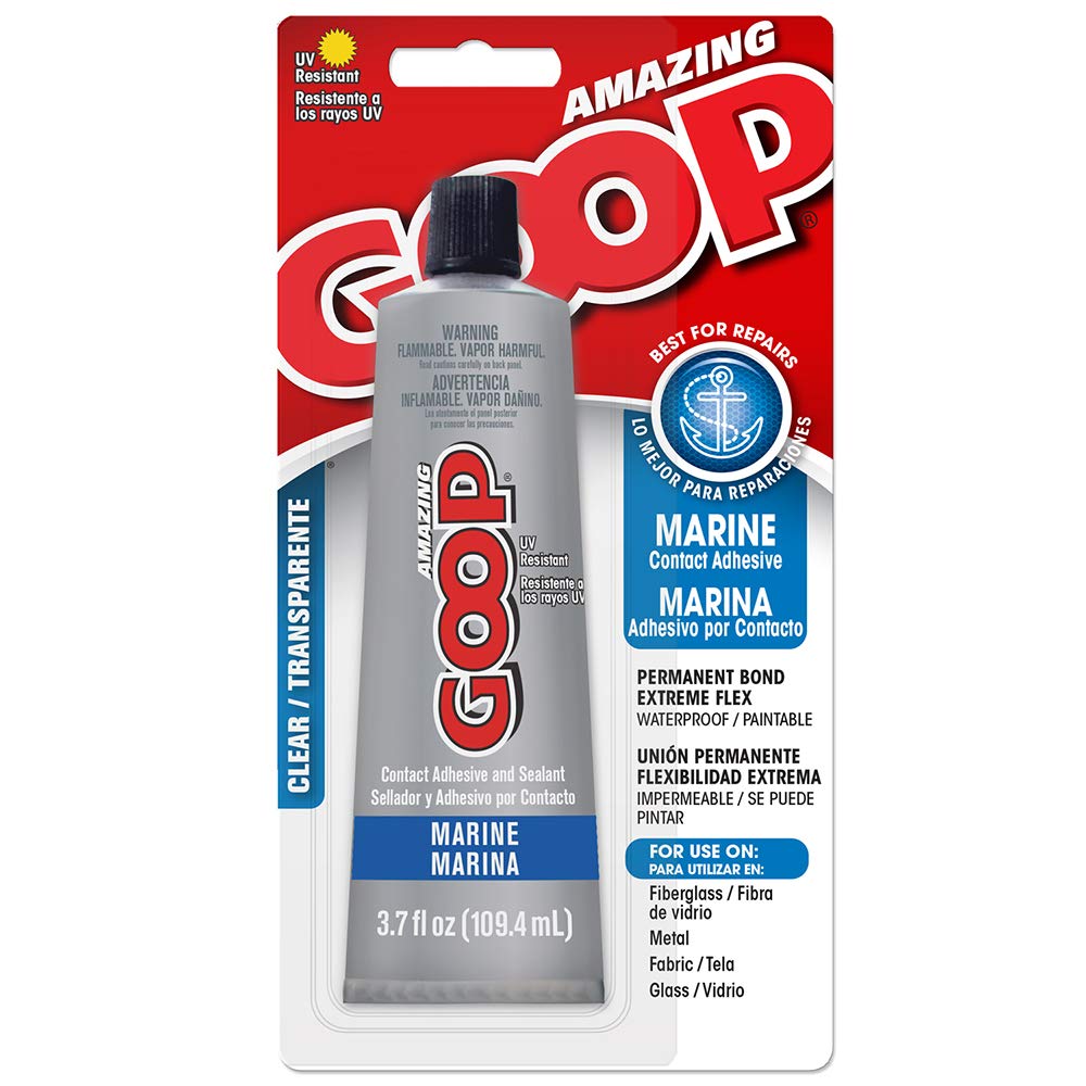 Amazing GOOP Marine Adhesive jar closeup highlighting versatile bonding for metal, wood, and fabric.