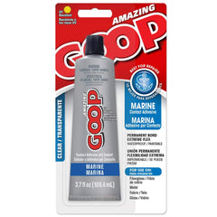 Amazing GOOP Marine Adhesive jar closeup highlighting versatile bonding for metal, wood, and fabric.