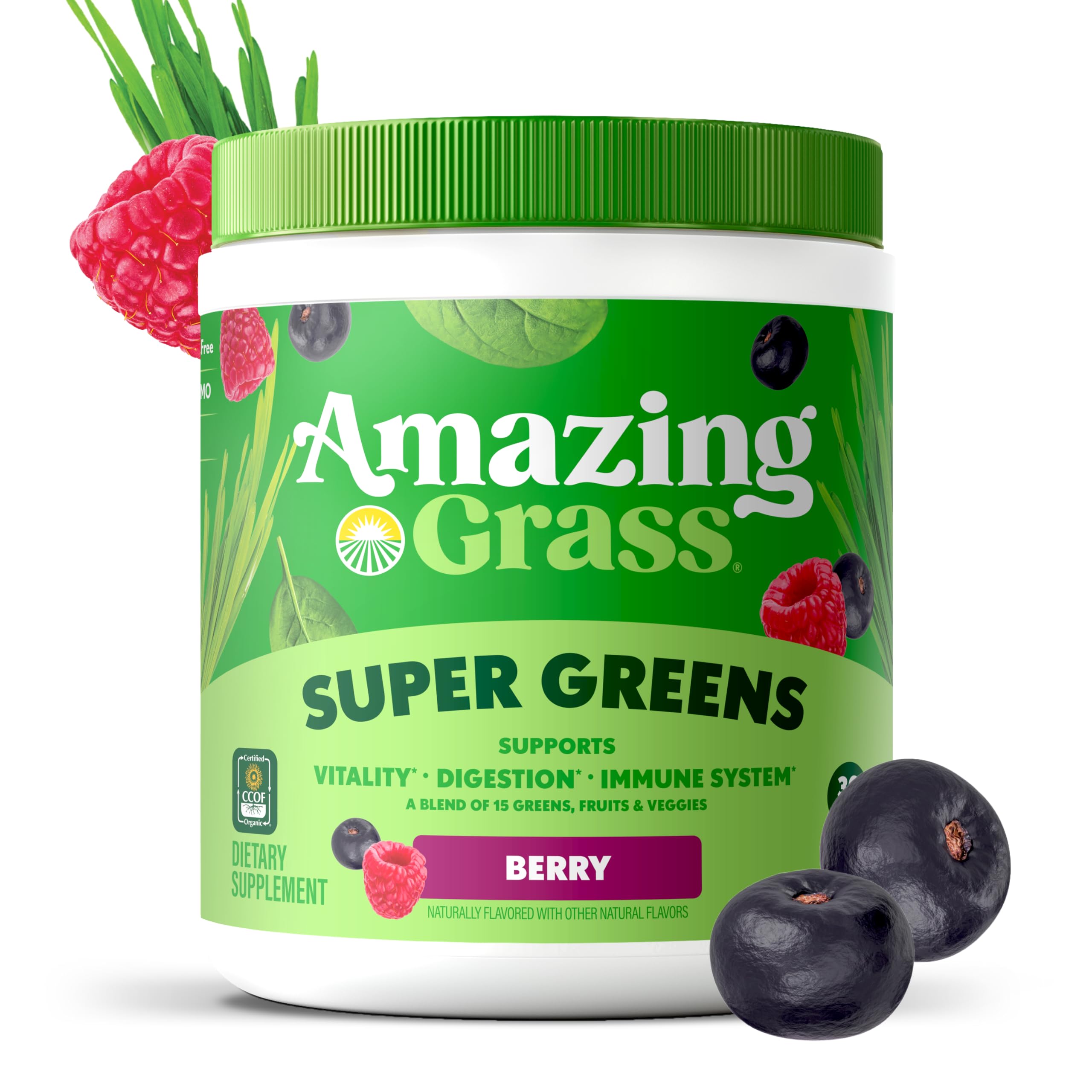 Amazing Grass Berry flavor powder in glass—delicious way to boost greens intake.