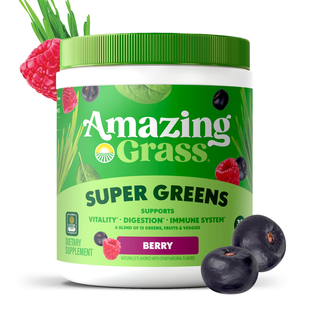 Amazing Grass Berry flavor powder in glass—delicious way to boost greens intake.