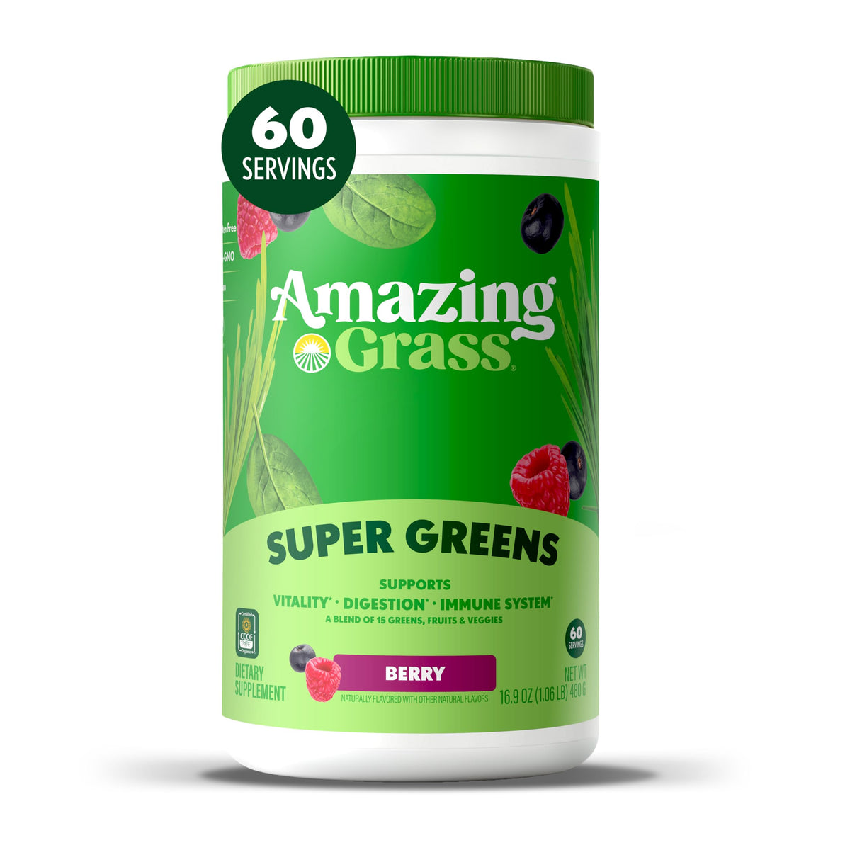 Amazing Grass Berry Green Superfood bottle showcases a refreshing daily greens boost.