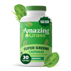 Amazing Grass capsules closeup showing easy daily intake and plant based nutrition