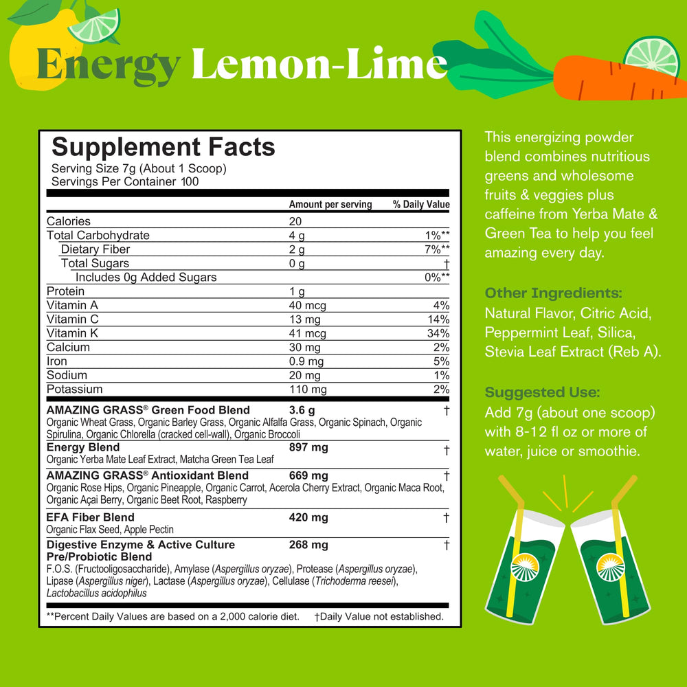 Amazing Grass Green Superfood Energy glass with lemon-lime flavor for refreshing drink.