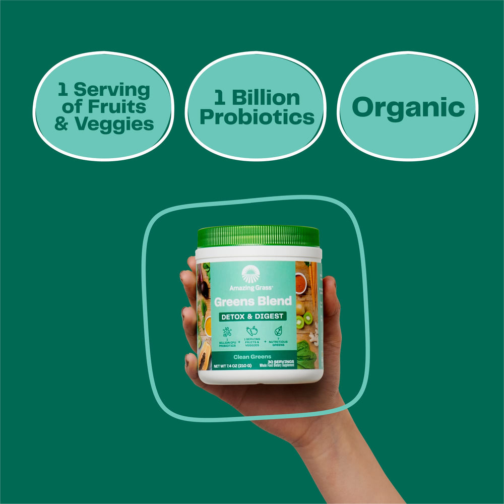 Amazing Grass Greens Blend box with scoop on kitchen counter for convenient use.