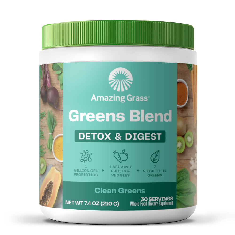 Amazing Grass Greens Blend Detox & Digest bottle pour for daily toxin elimination.