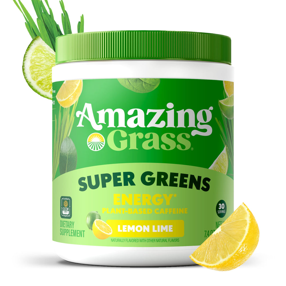 Amazing Grass Greens Blend Energy scoop in a measuring cup hints at convenient daily greens