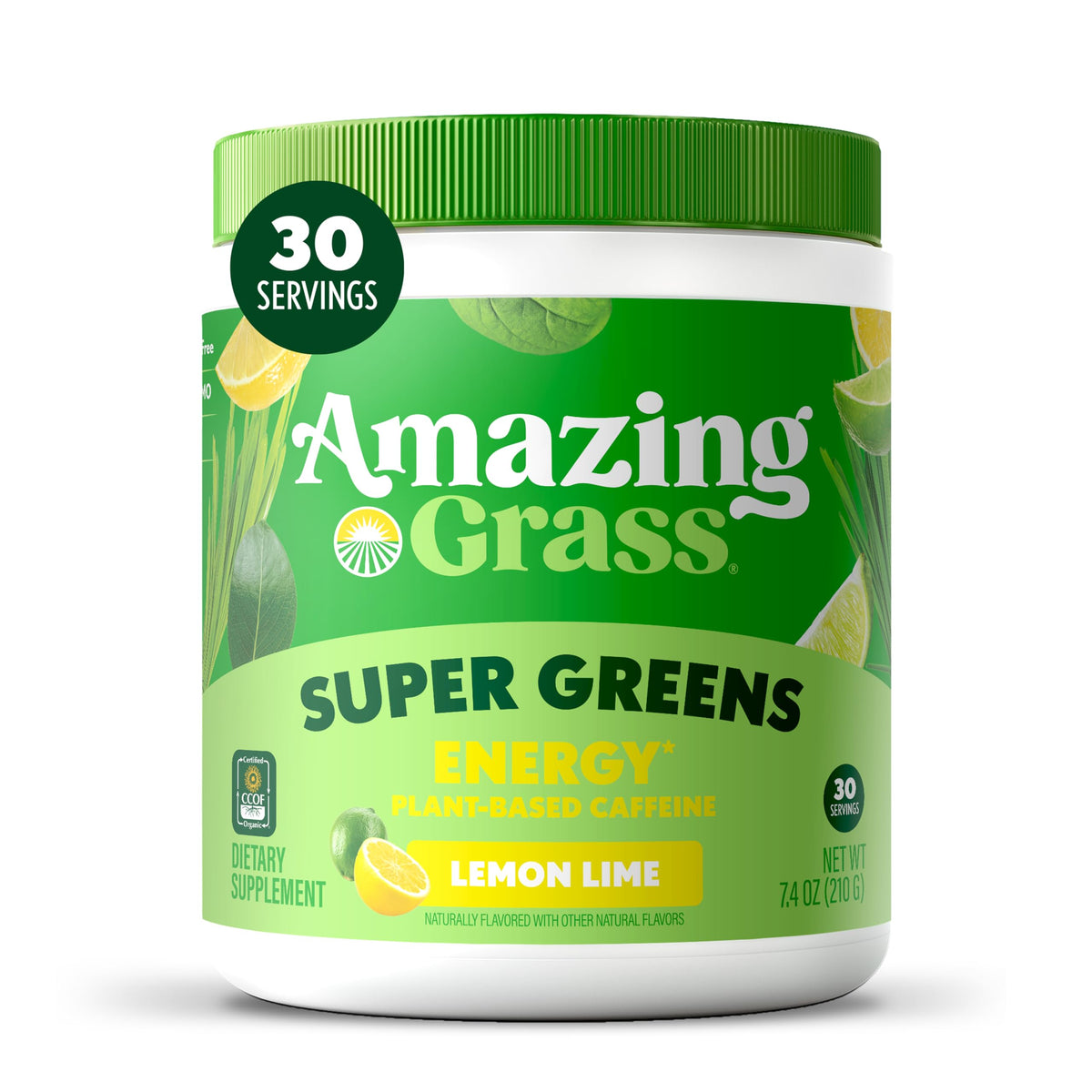 Amazing Grass Greens Blend Energy tub label shows organic ingredients and a refreshing energy boost