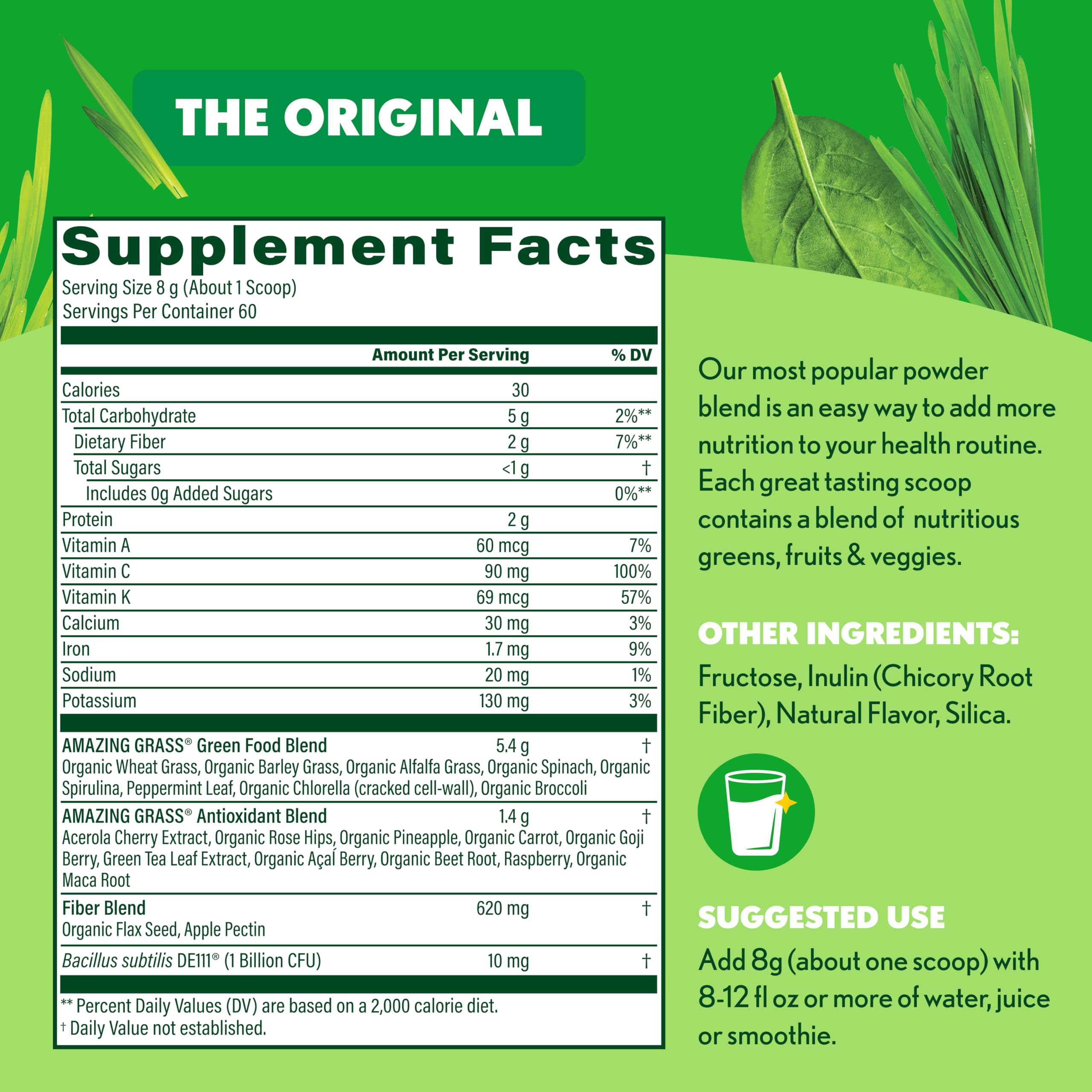 Amazing Grass Greens Blend farm-sourcing highlighting sustainable, quality greens.