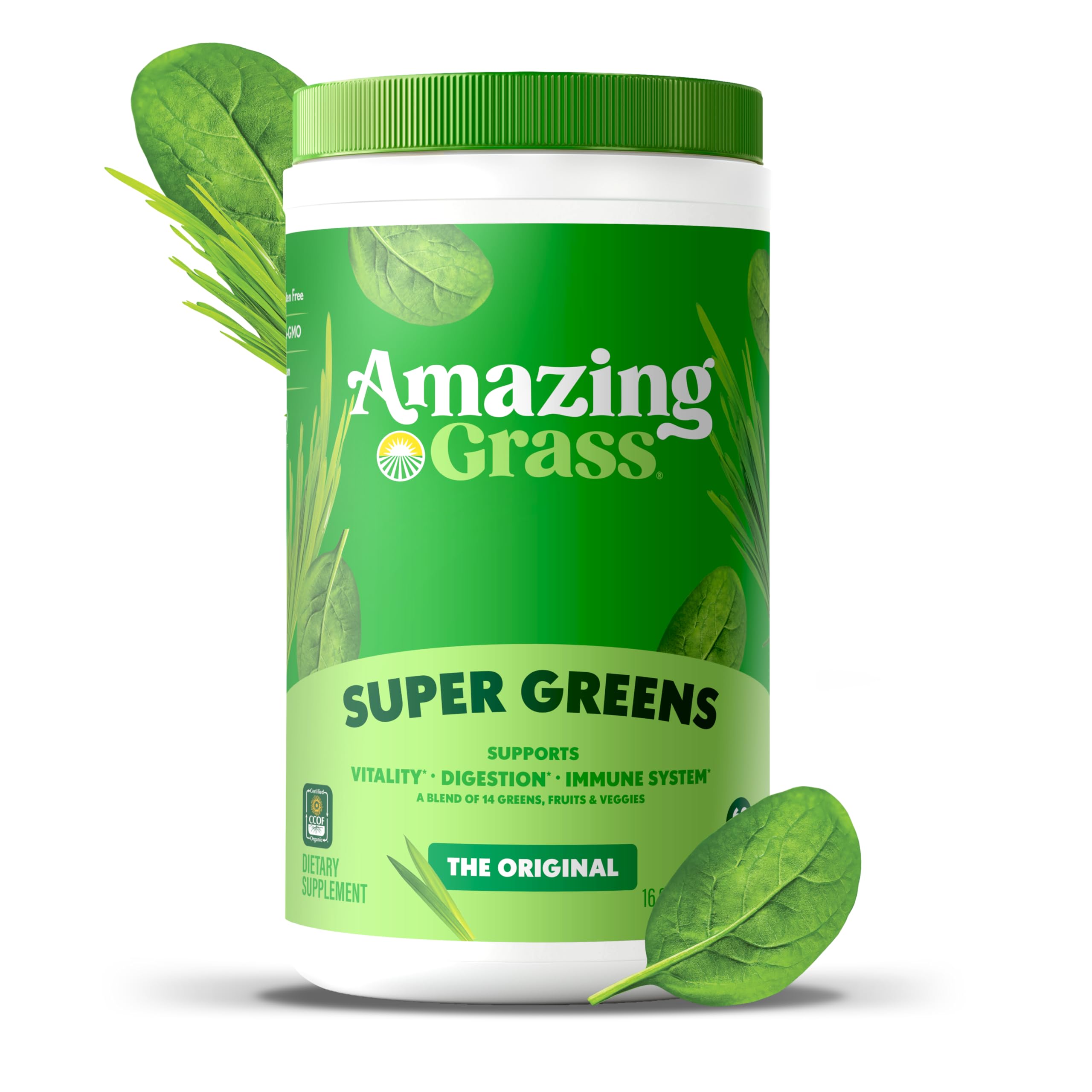 Amazing Grass Greens Blend green powder scoop beside a glass of water for quick mix.
