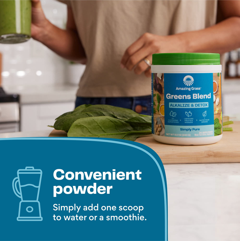 Amazing Grass Greens Blend bottle with ingredients list, featuring probiotics and enzymes.