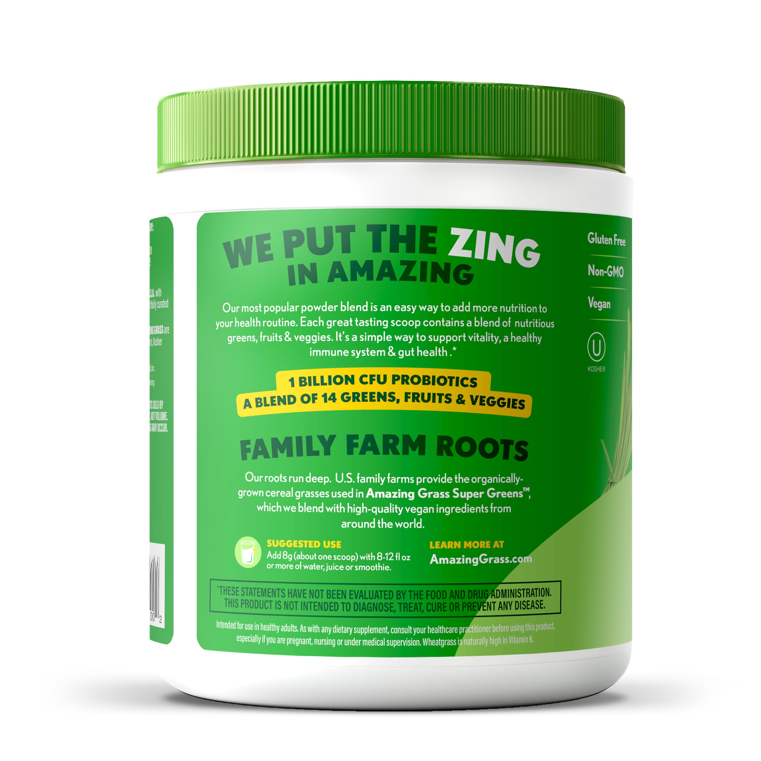 Packaging of Amazing Grass Greens Blend showing organic certifications