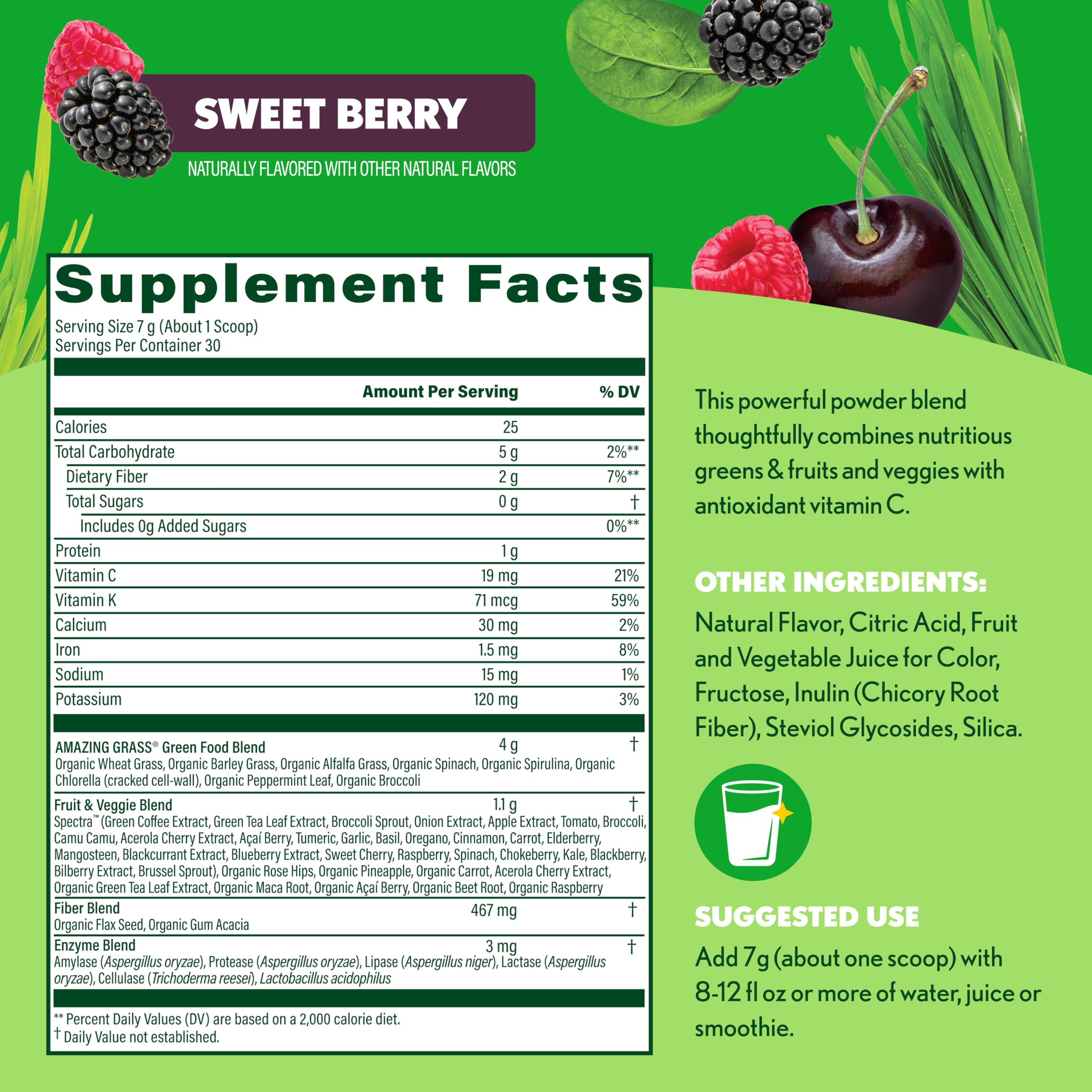 Nutrition information label on Amazing Grass Greens Blend packaging helps plan intake.