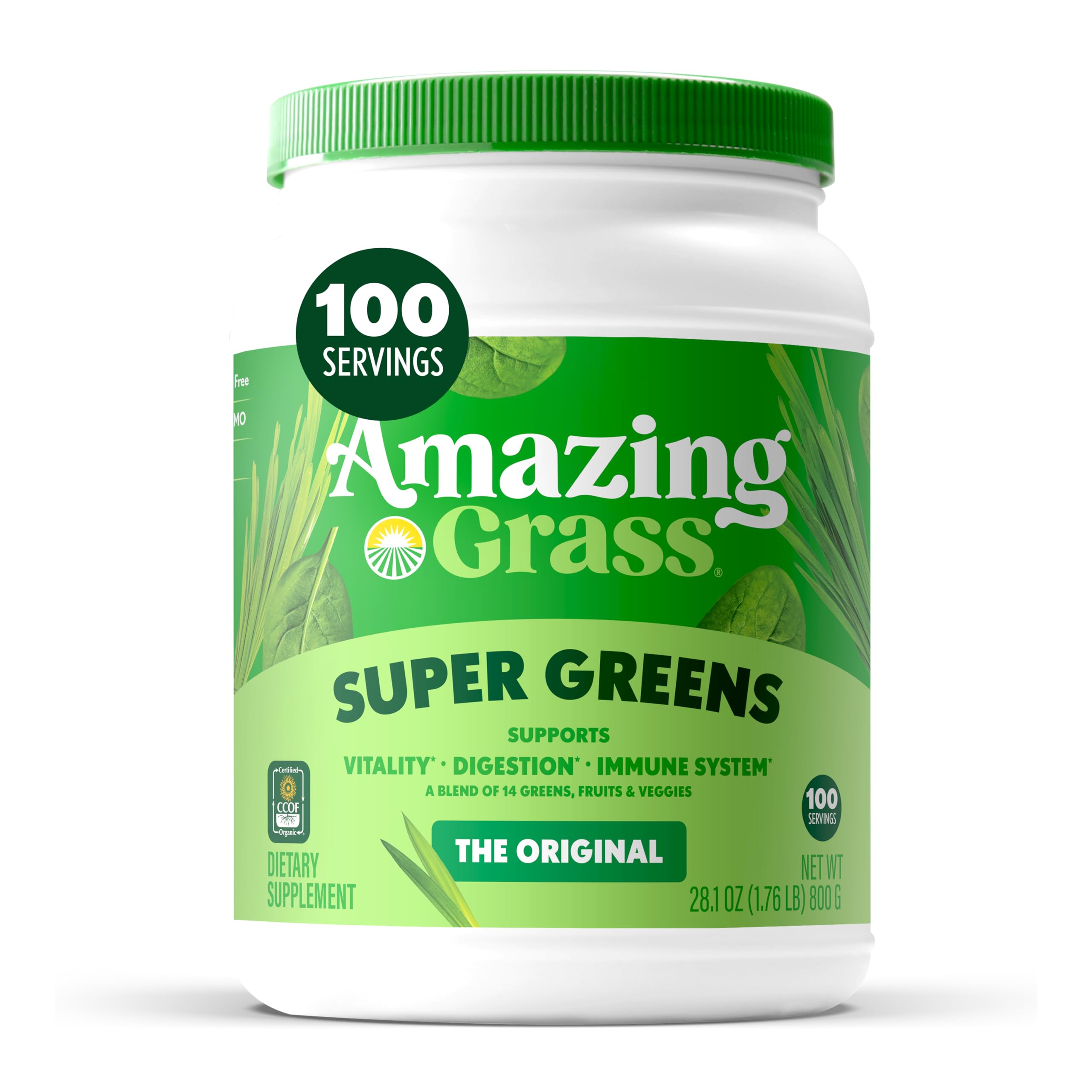 Amazing Grass Greens Blend Original bottle pouring into a glass for a tasty daily boost.