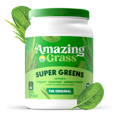 A scoop of Amazing Grass Greens Blend Original ready to mix into a smoothie.