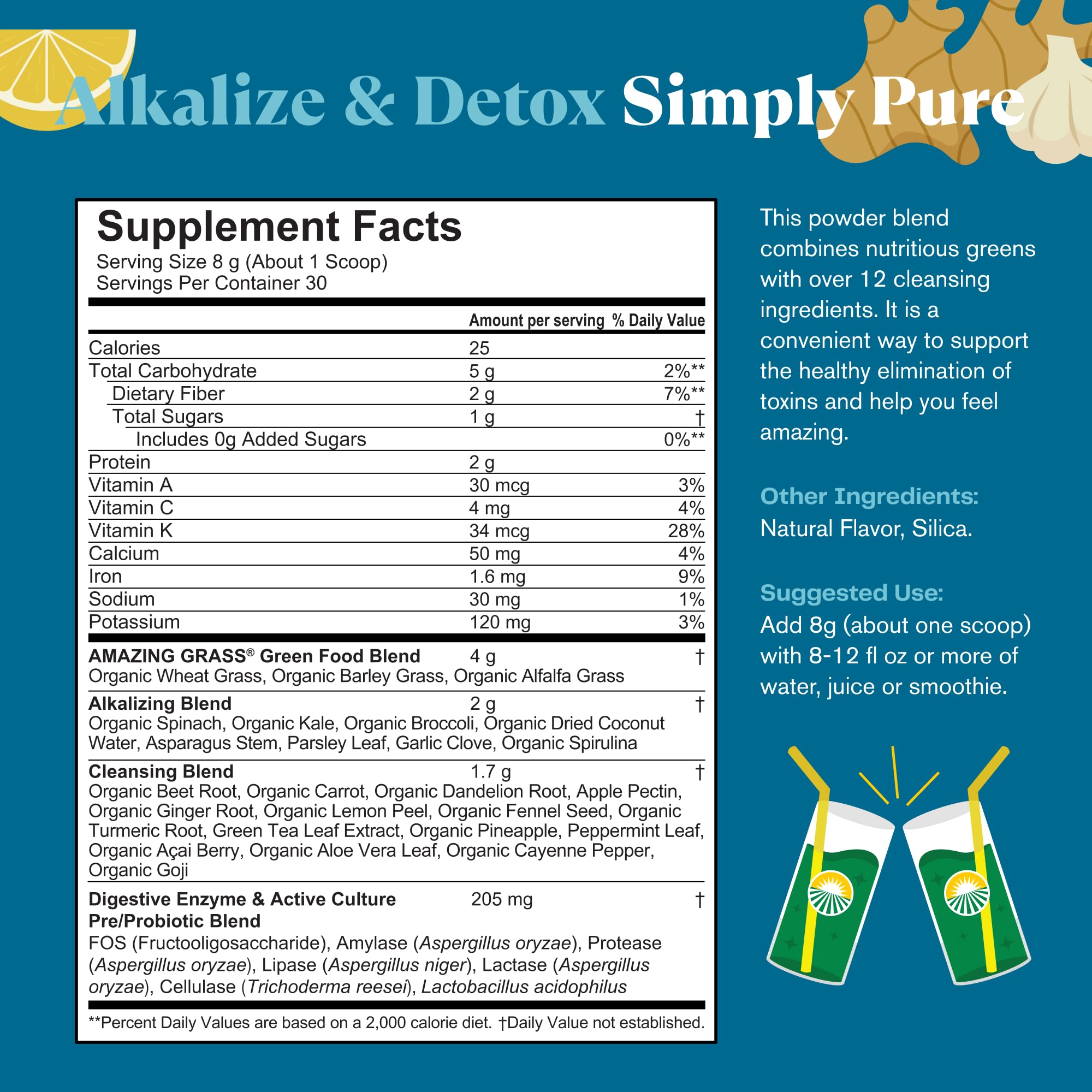 Amazing Grass Greens Blend packaging highlighting organic certification and servings.
