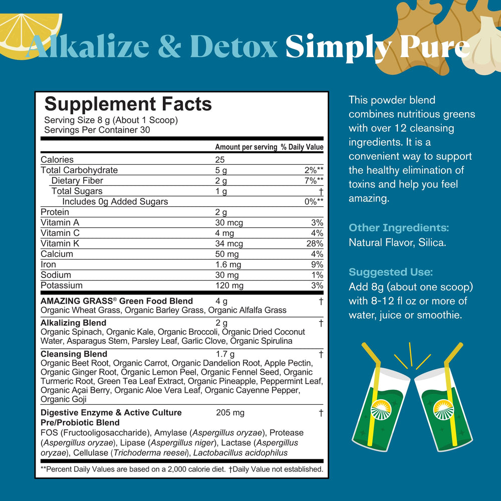 Amazing Grass Greens Blend packaging highlighting organic certification and servings.
