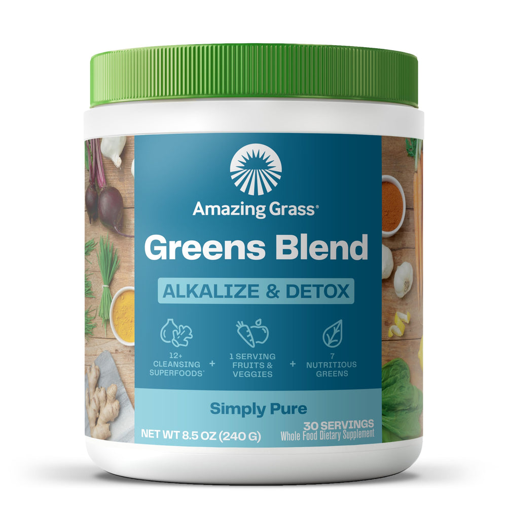 Amazing Grass Greens Blend scoop in jar, convenient for quick alkalizing smoothies.