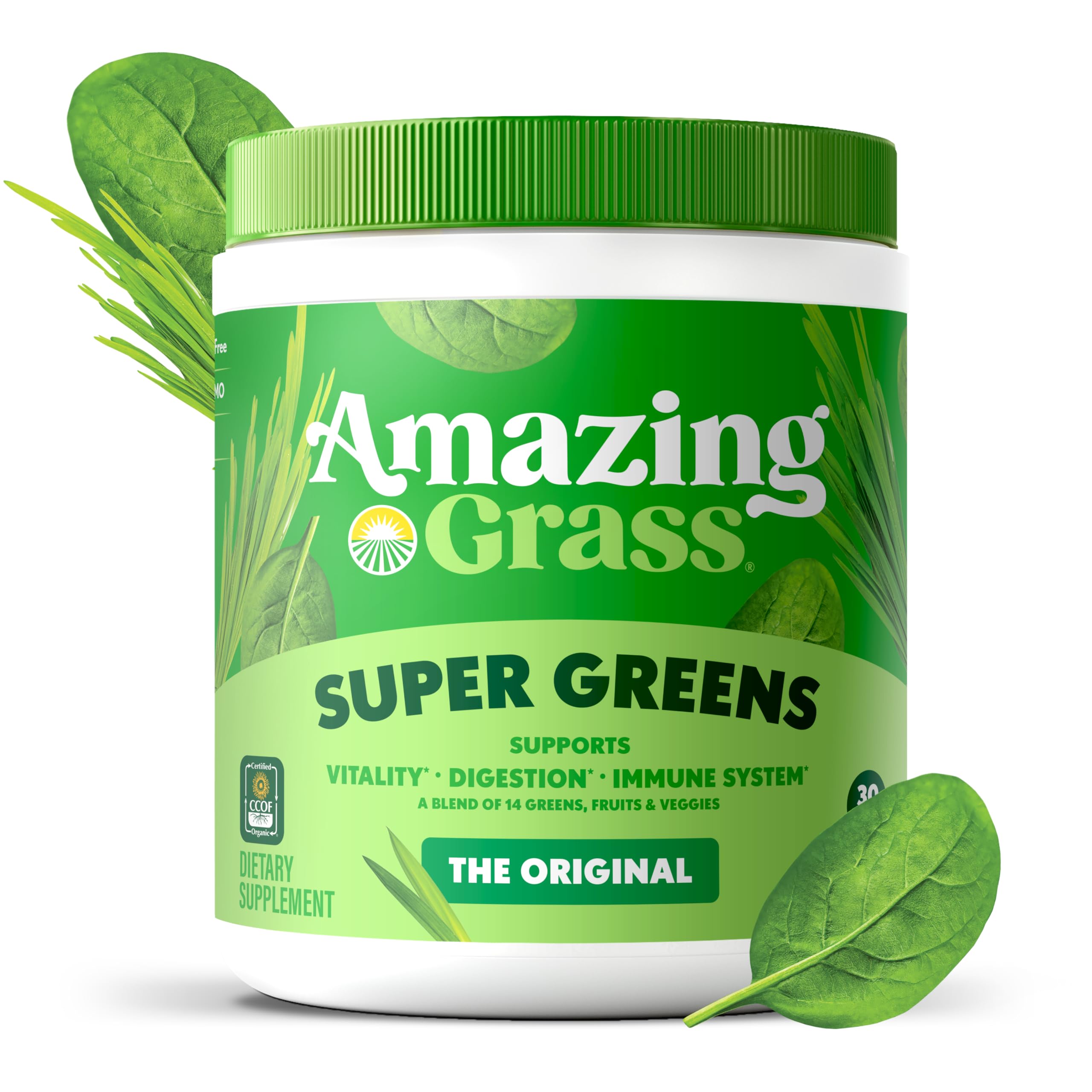 Amazing Grass Greens Blend scoop beside glass of water for quick breakfast