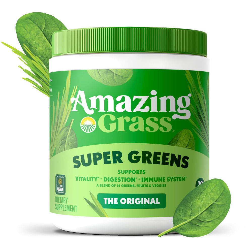 Amazing Grass Greens Blend scoop beside glass of water for quick breakfast
