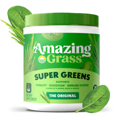 Amazing Grass Greens Blend scoop beside glass of water for quick breakfast