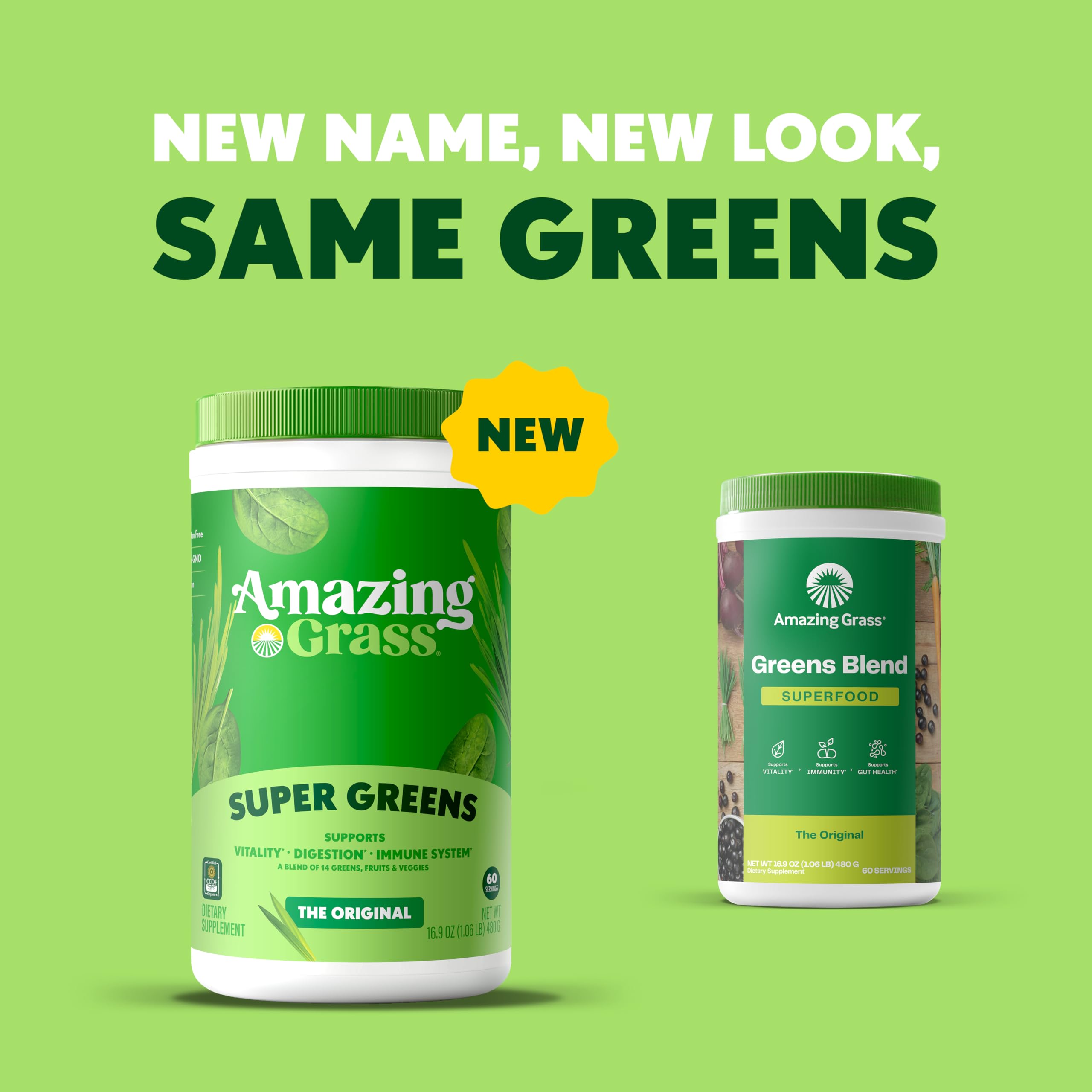 Amazing Grass Greens Blend with spirulina and chlorella boosts plant-based greens.