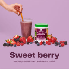 Amazing Grass greens powder tub with scoop showcases convenient gut-friendly nutrition