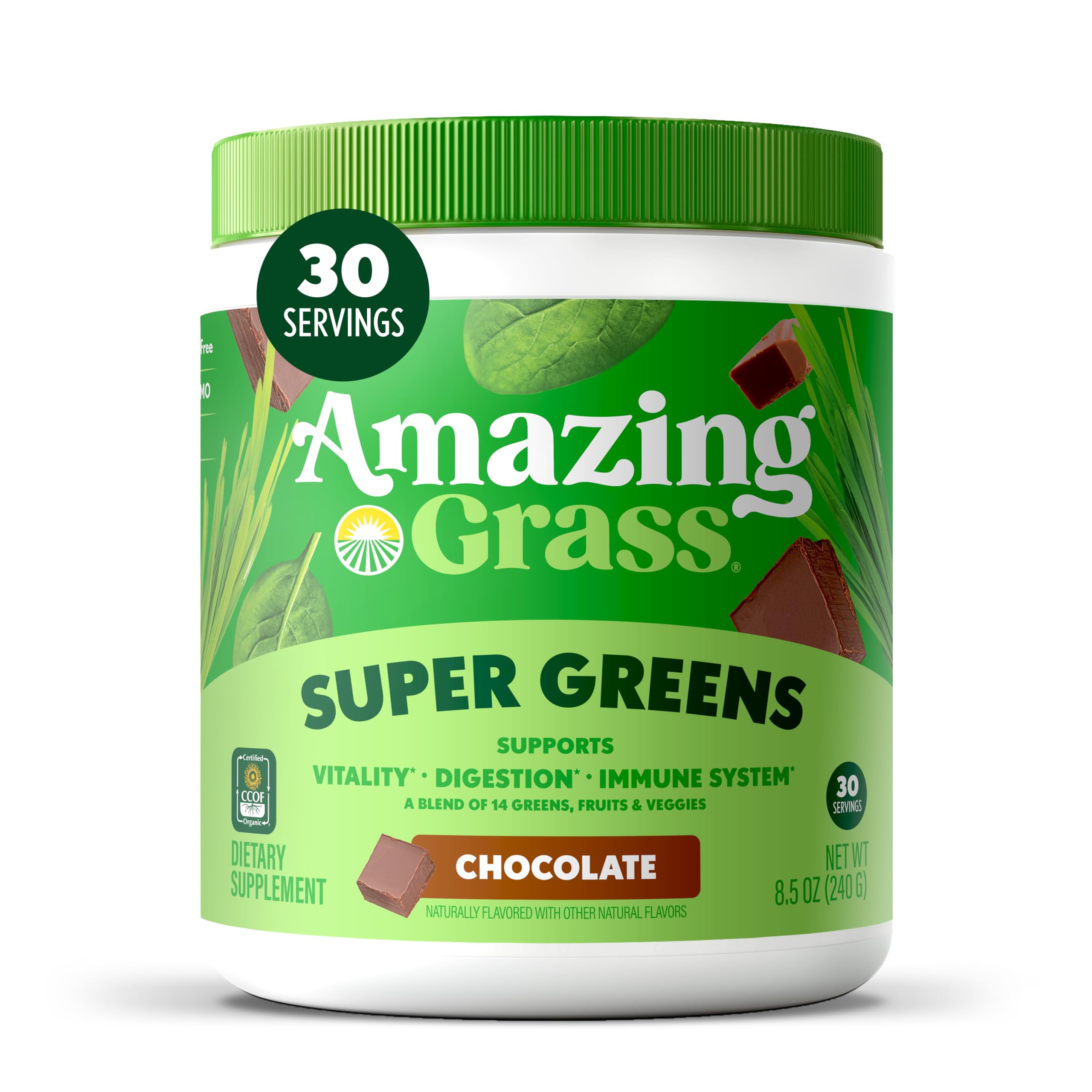 Amazing Grass Greens powder bottle supports daily energy with cacao and greens.