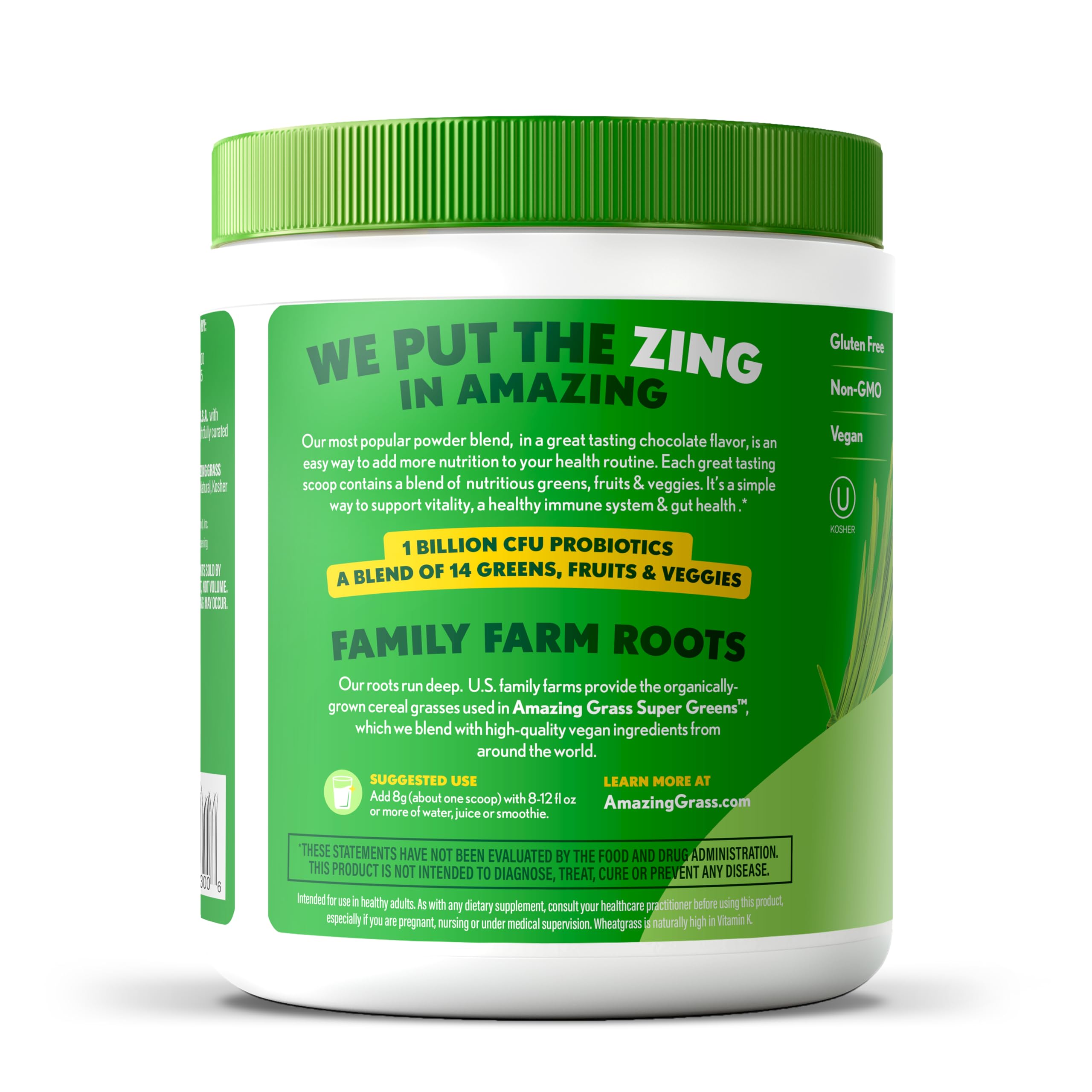 Amazing Grass greens powder packaging signals organic, gluten-free, and non-GMO benefits.