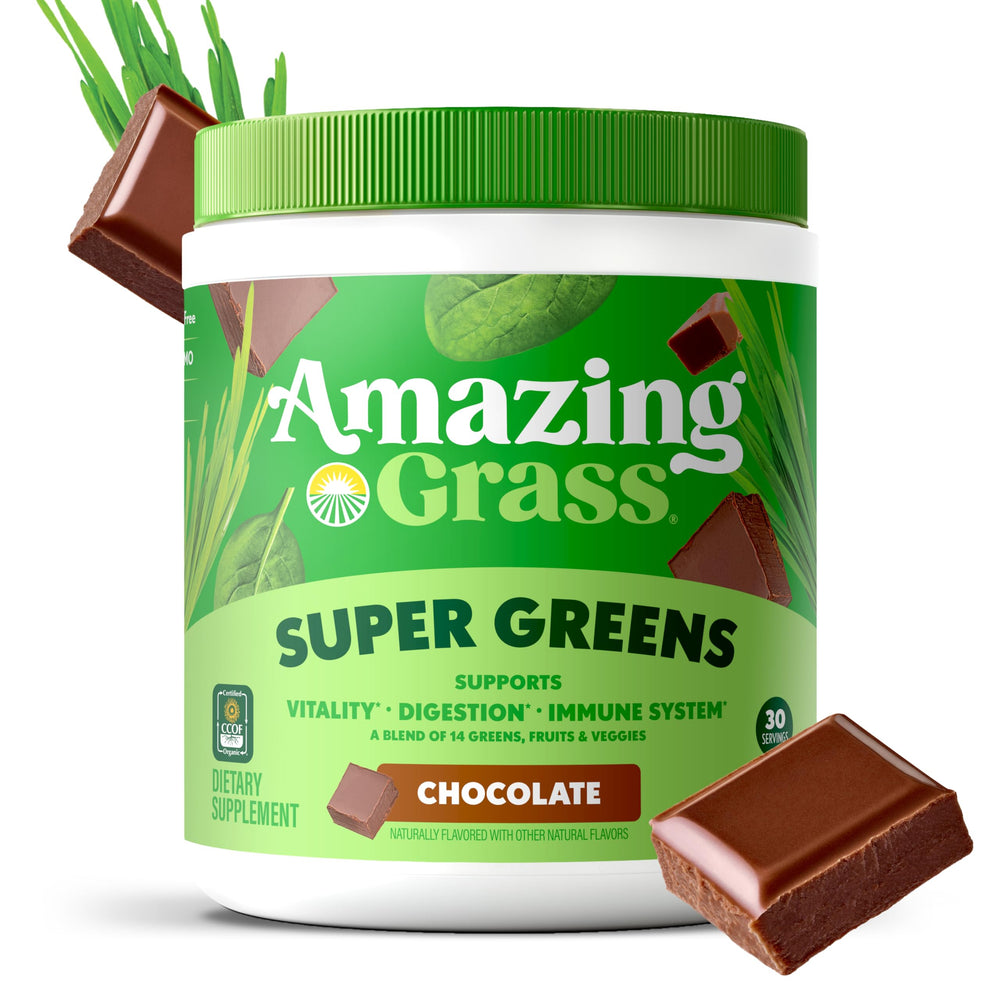 Amazing Grass greens powder shake glass highlights easy mixing for quick meals.