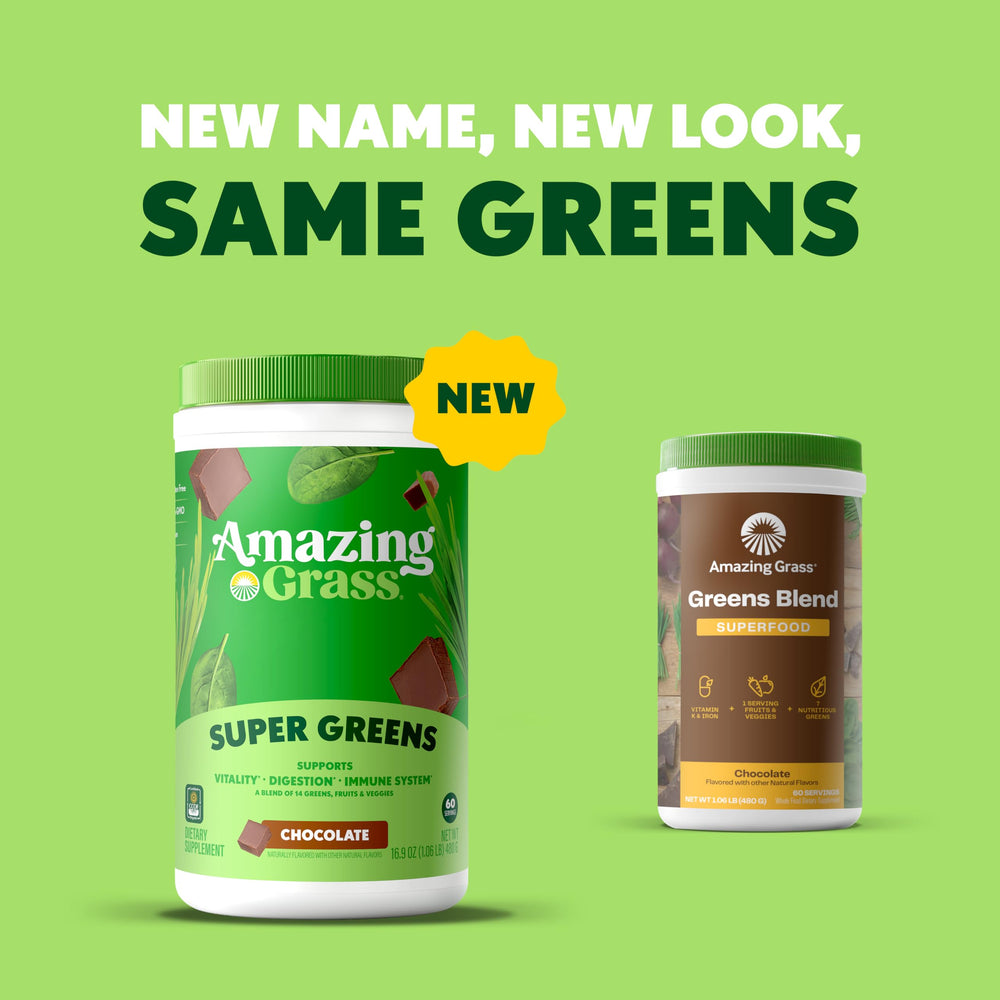 Amazing Grass Greens Superfood Powder being poured into a glass for a smoothie.