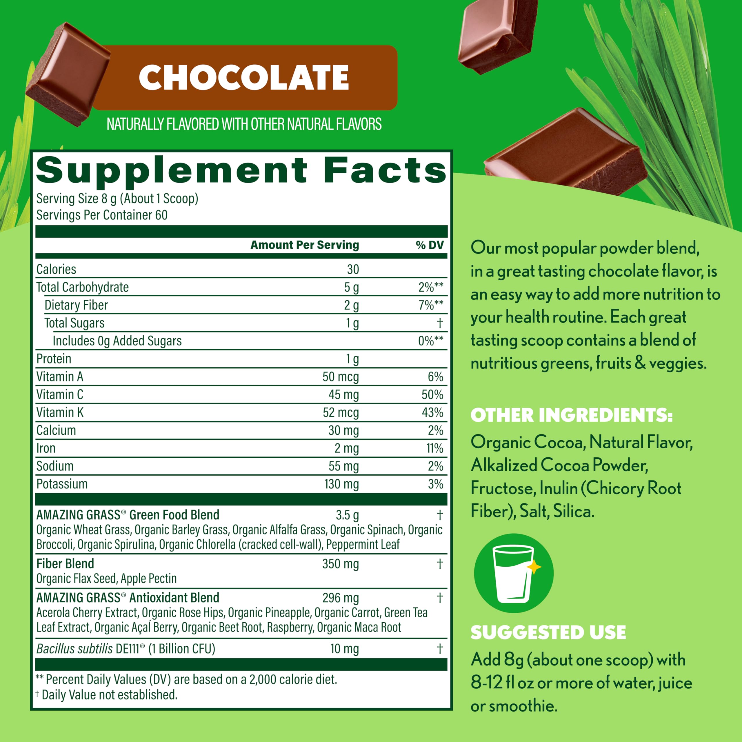Amazing Grass Greens Superfood Powder with spirulina and chlorella provides nutrient-rich foundation.