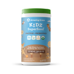 Amazing Grass Kidz SuperFood Extreme Chocolate bottle showing protein and probiotics for kids' daily nutrition.