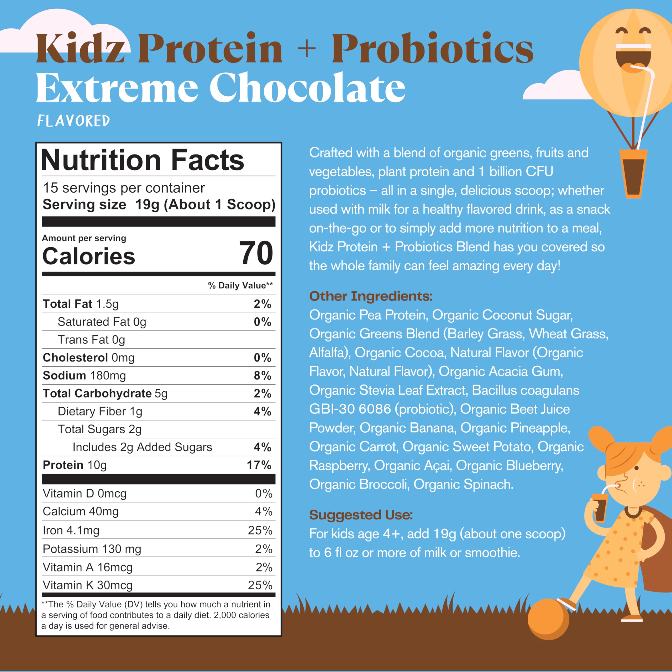 Amazing Grass Kidz SuperFood Extreme Chocolate scoop ready to mix into a tasty shake.