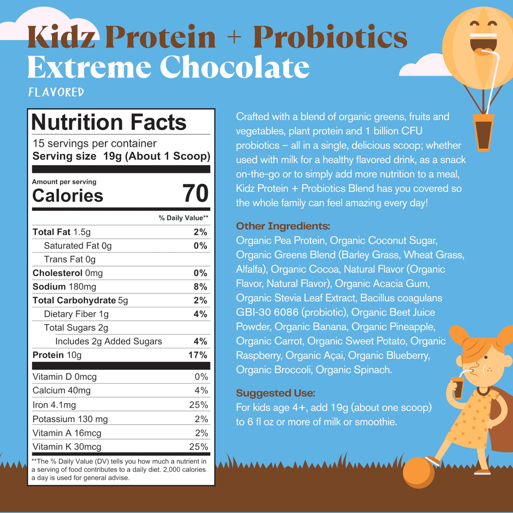 Amazing Grass Kidz SuperFood Extreme Chocolate scoop ready to mix into a tasty shake.