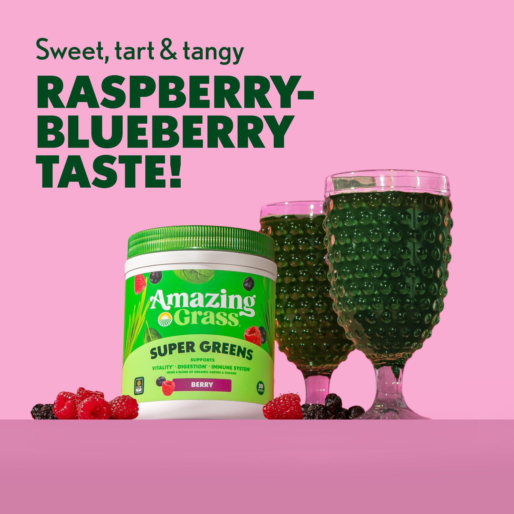 Amazing Grass Organic Spirulina, Chlorella, and Beet Root—vibrant greens for nutrient-dense shakes.