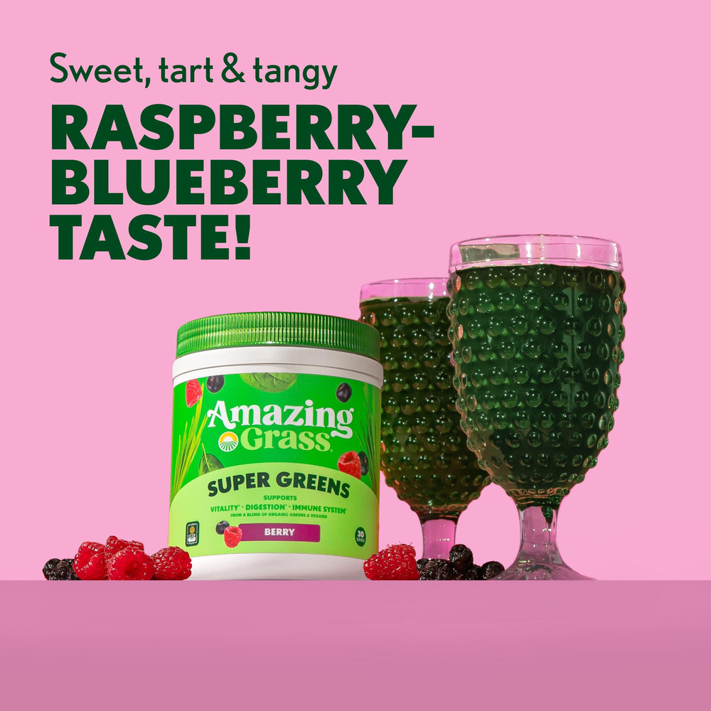 Amazing Grass Organic Spirulina, Chlorella, and Beet Root—vibrant greens for nutrient-dense shakes.