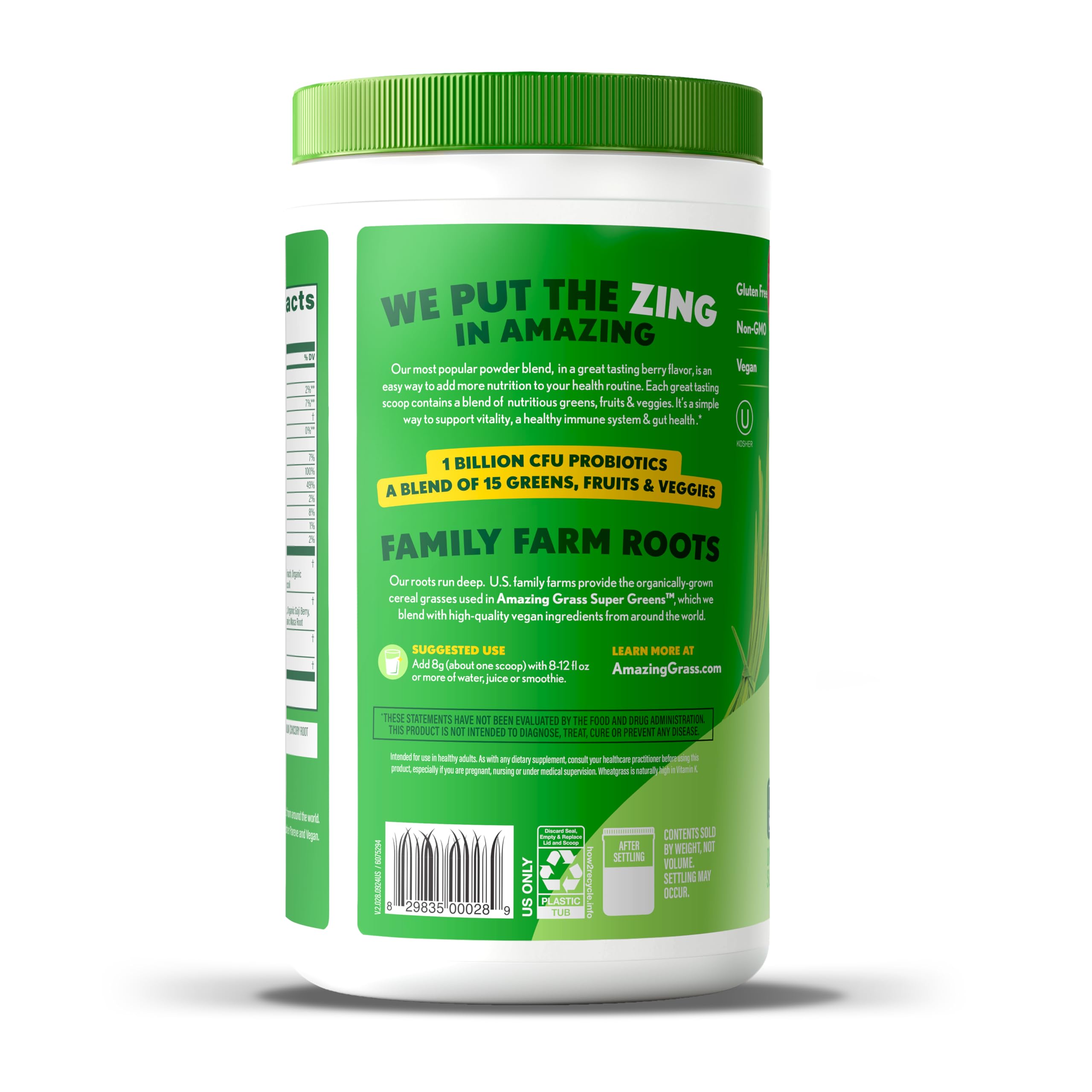 Amazing Grass Plant Based Non-GMO label supports vegan lifestyle choice.