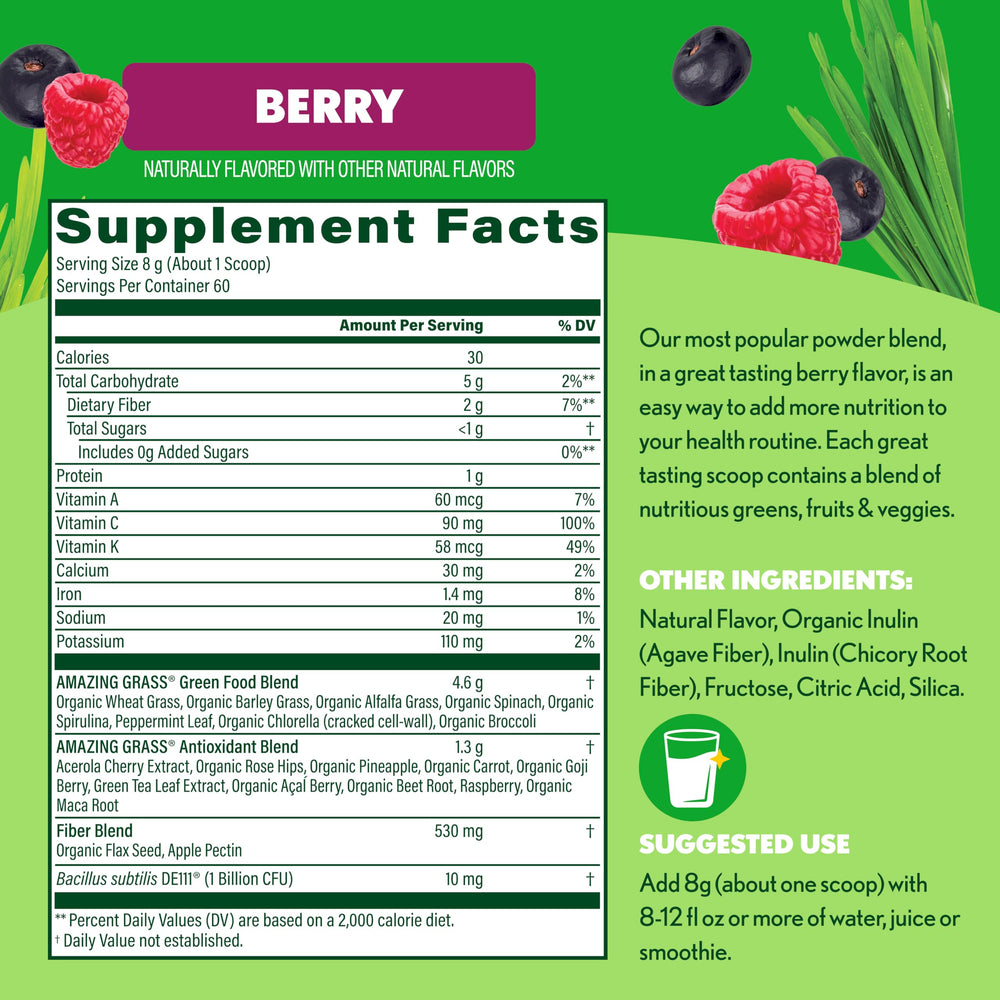 Amazing Grass Probiotics Digestive Support powder shot emphasizes gut-friendly benefits.