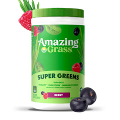Amazing Grass Spirulina-Chlorella powder tub highlights nutrient-dense plant power.