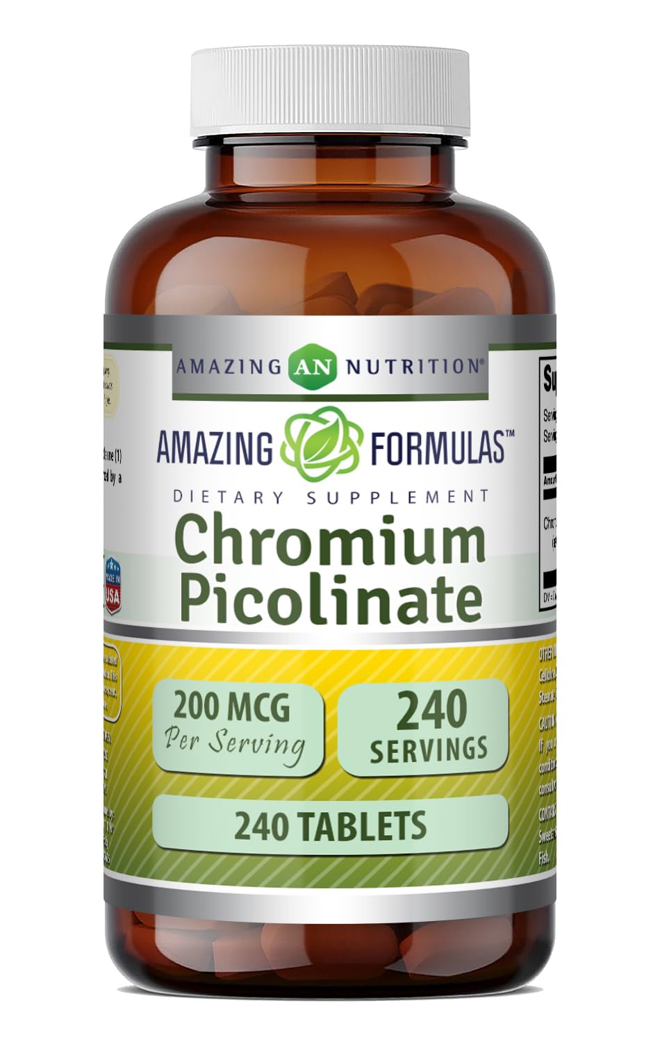 Amazing Formulas chromium picolinate bottle closeup for purity and potency.