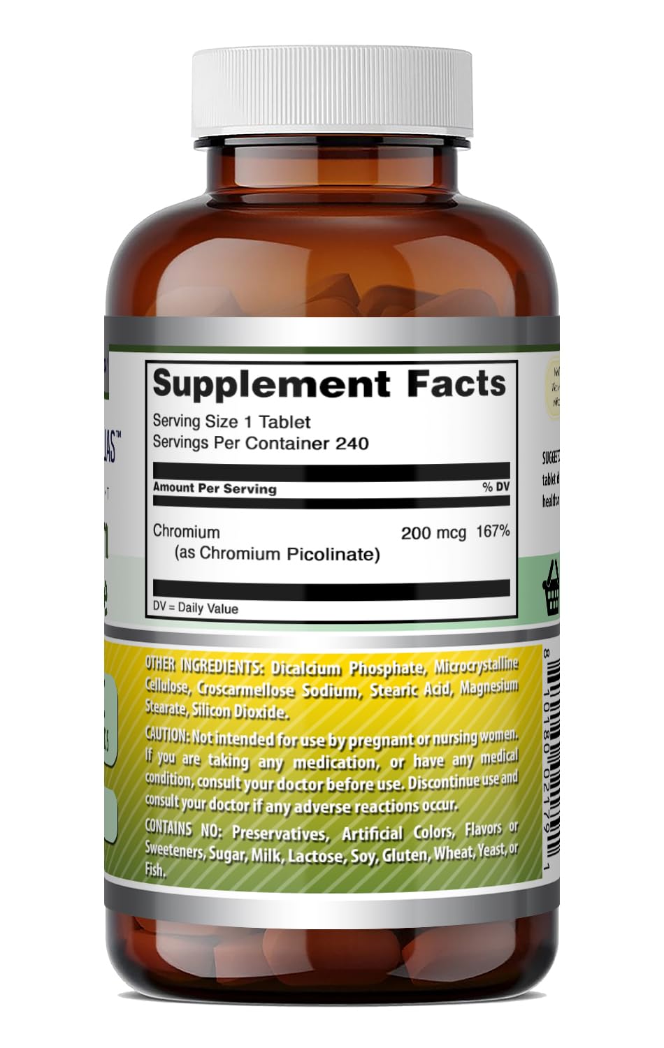 Chromium picolinate tablet beside bottle for daily micronutrient support from Amazing Formulas.