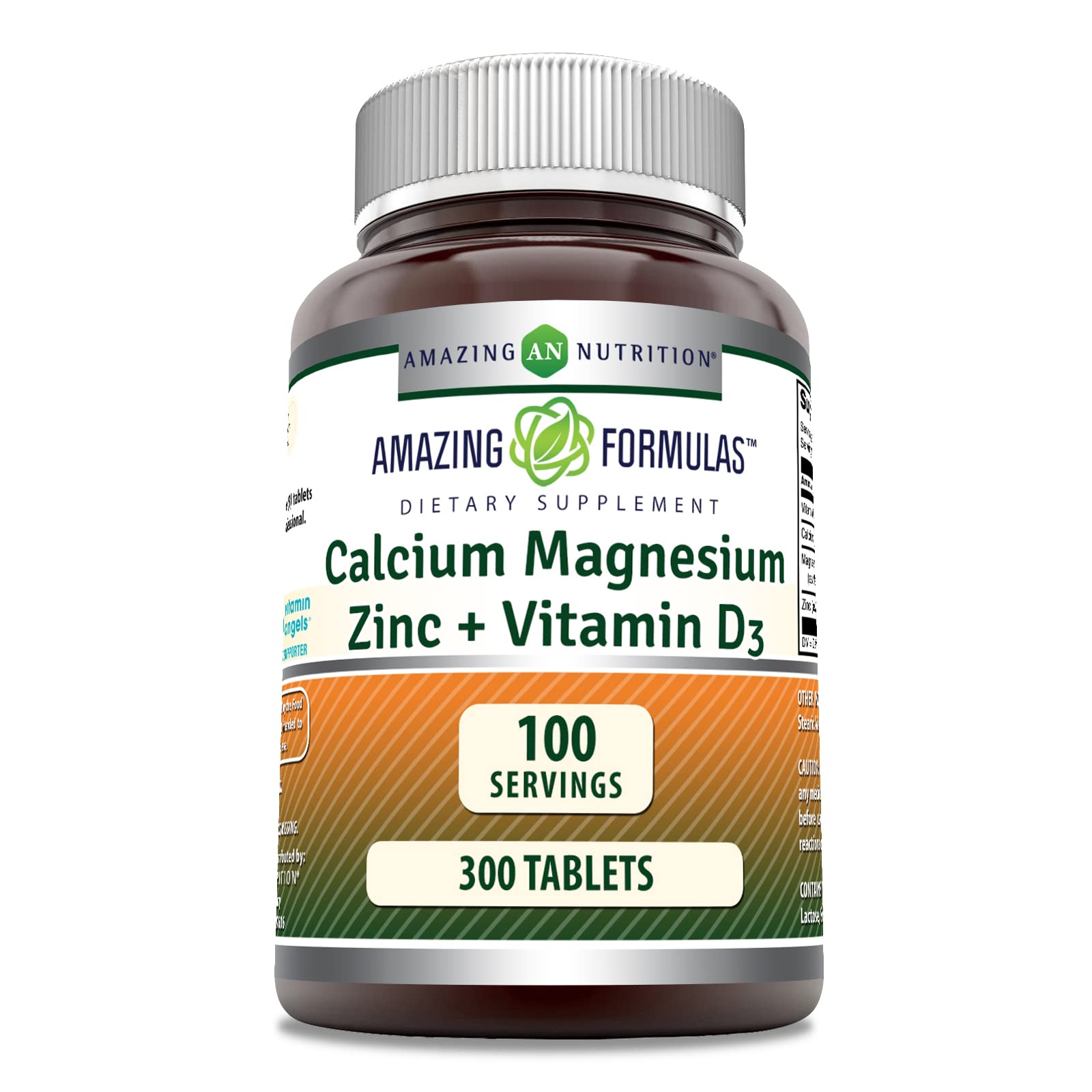Amazing Nutrition calcium magnesium zinc d3 bottle showing a 3-tablet serving for bone support