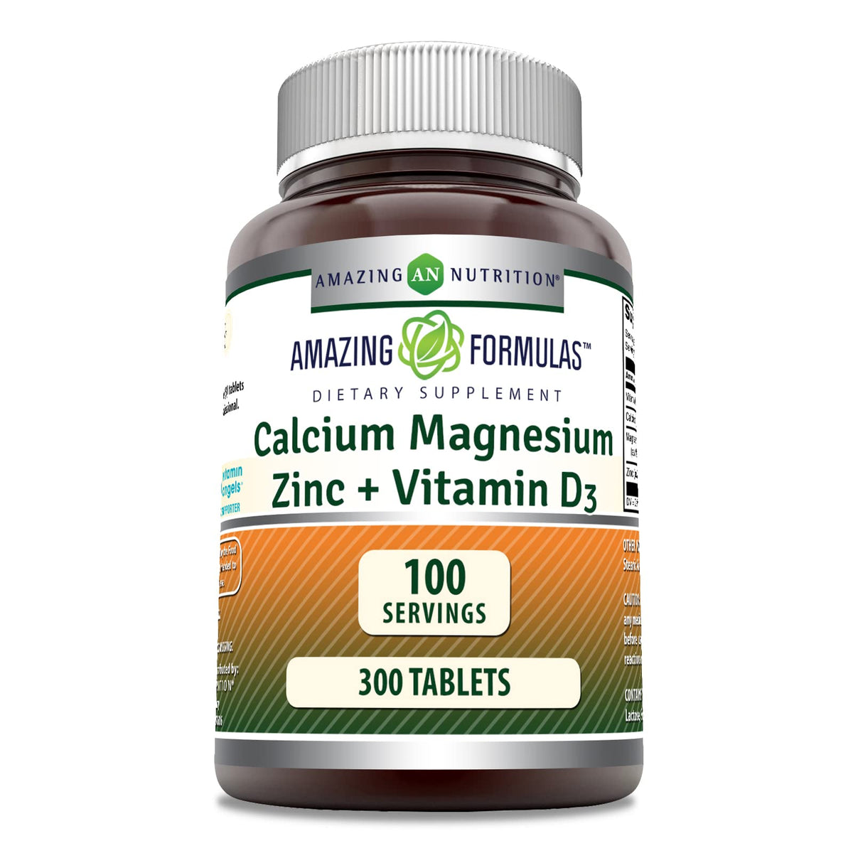 Amazing Nutrition calcium magnesium zinc d3 bottle showing a 3-tablet serving for bone support