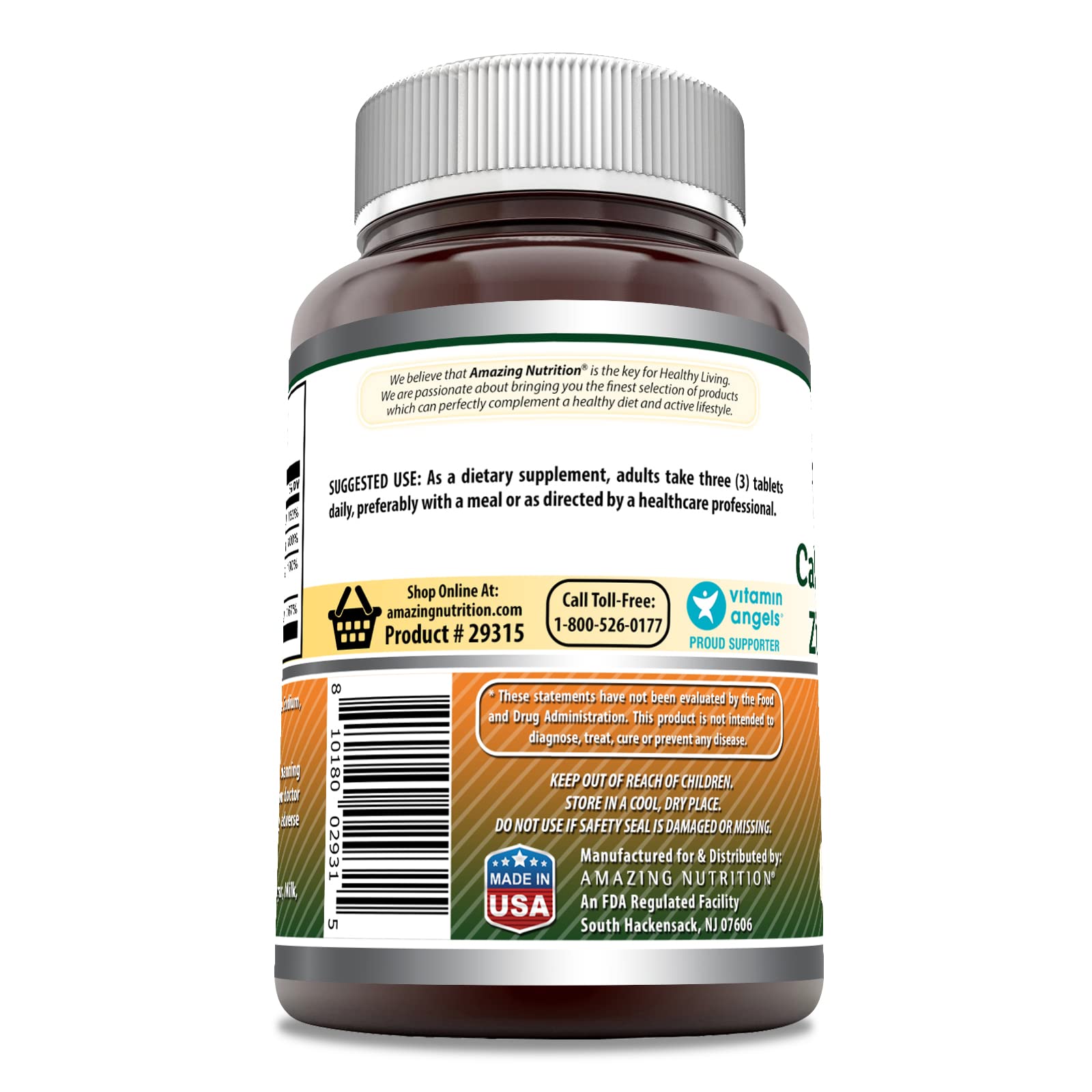 Amazing Nutrition calcium magnesium zinc d3 label with clear packaging and key minerals