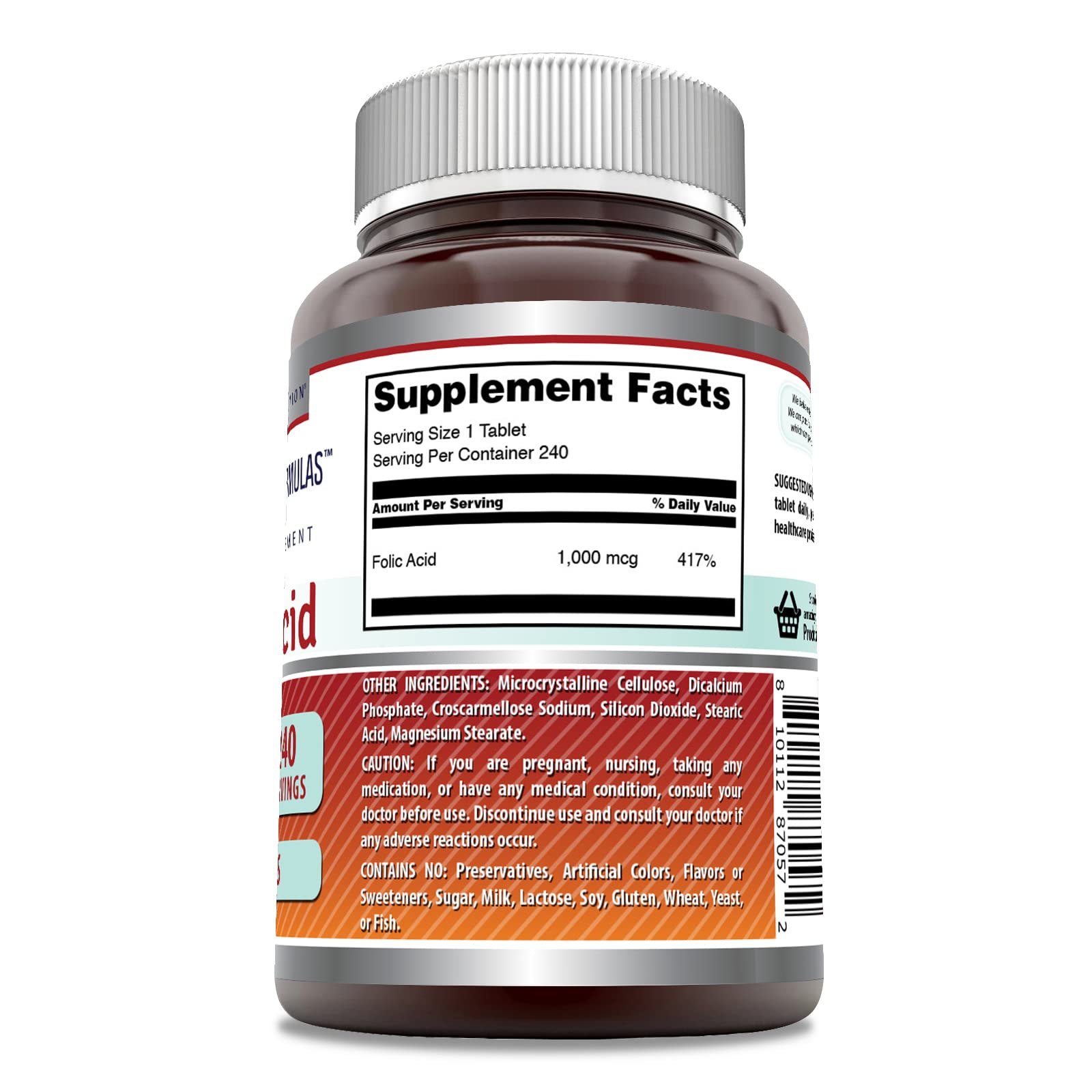 Amazing Nutrition folic acid bottle back with dosage and ingredients.