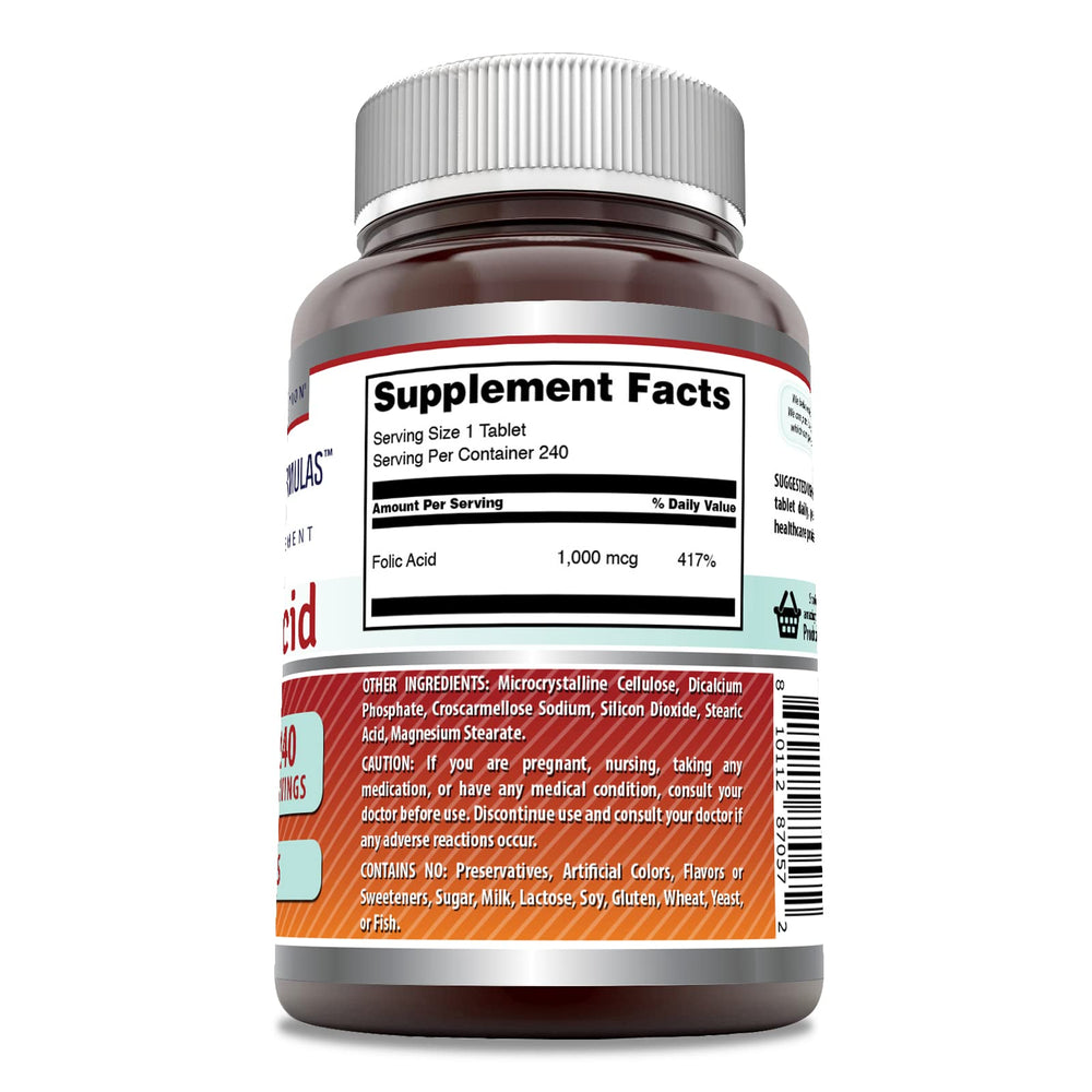 Amazing Nutrition folic acid bottle back with dosage and ingredients.