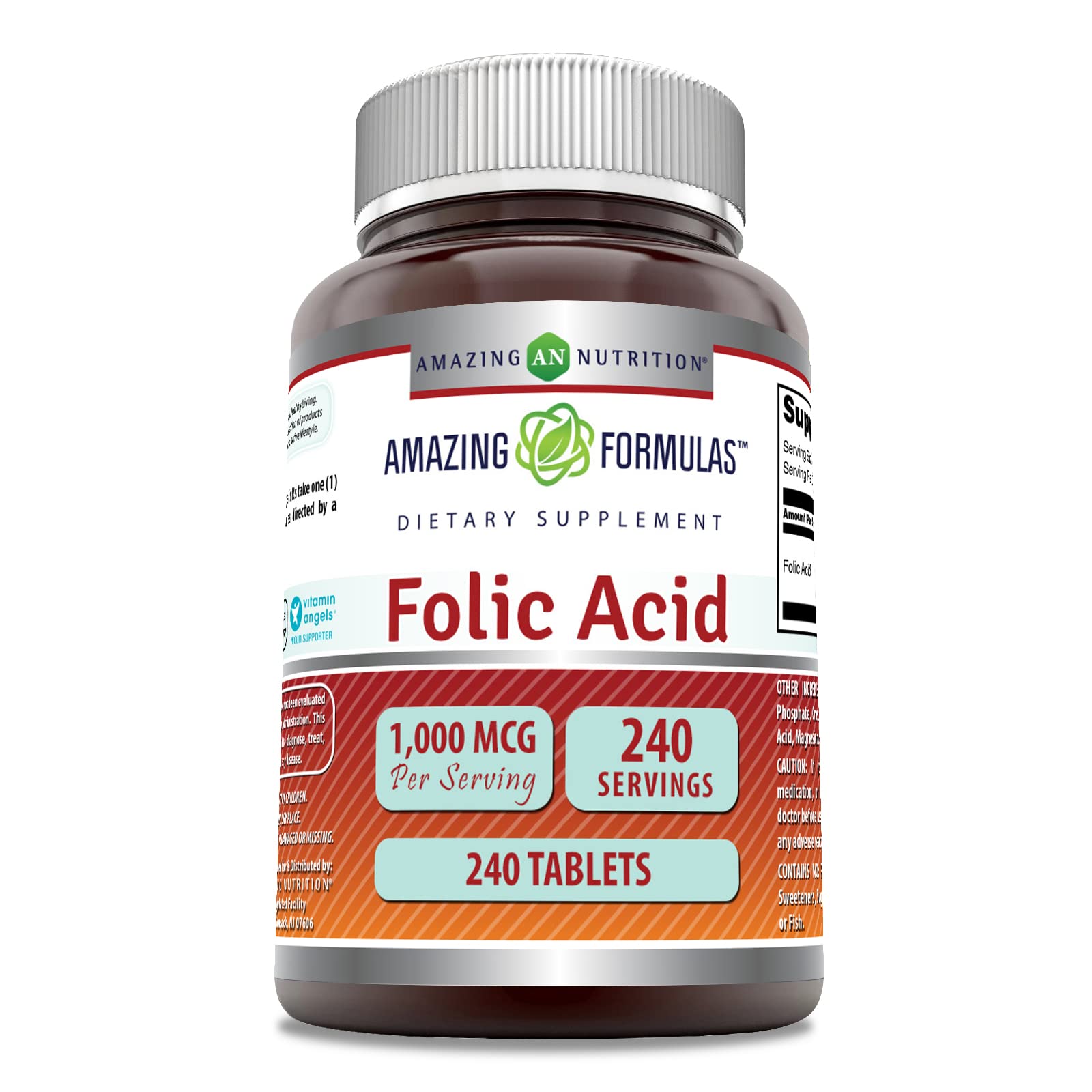 Amazing Nutrition folic acid 1000 mcg bottle front view for daily wellness.