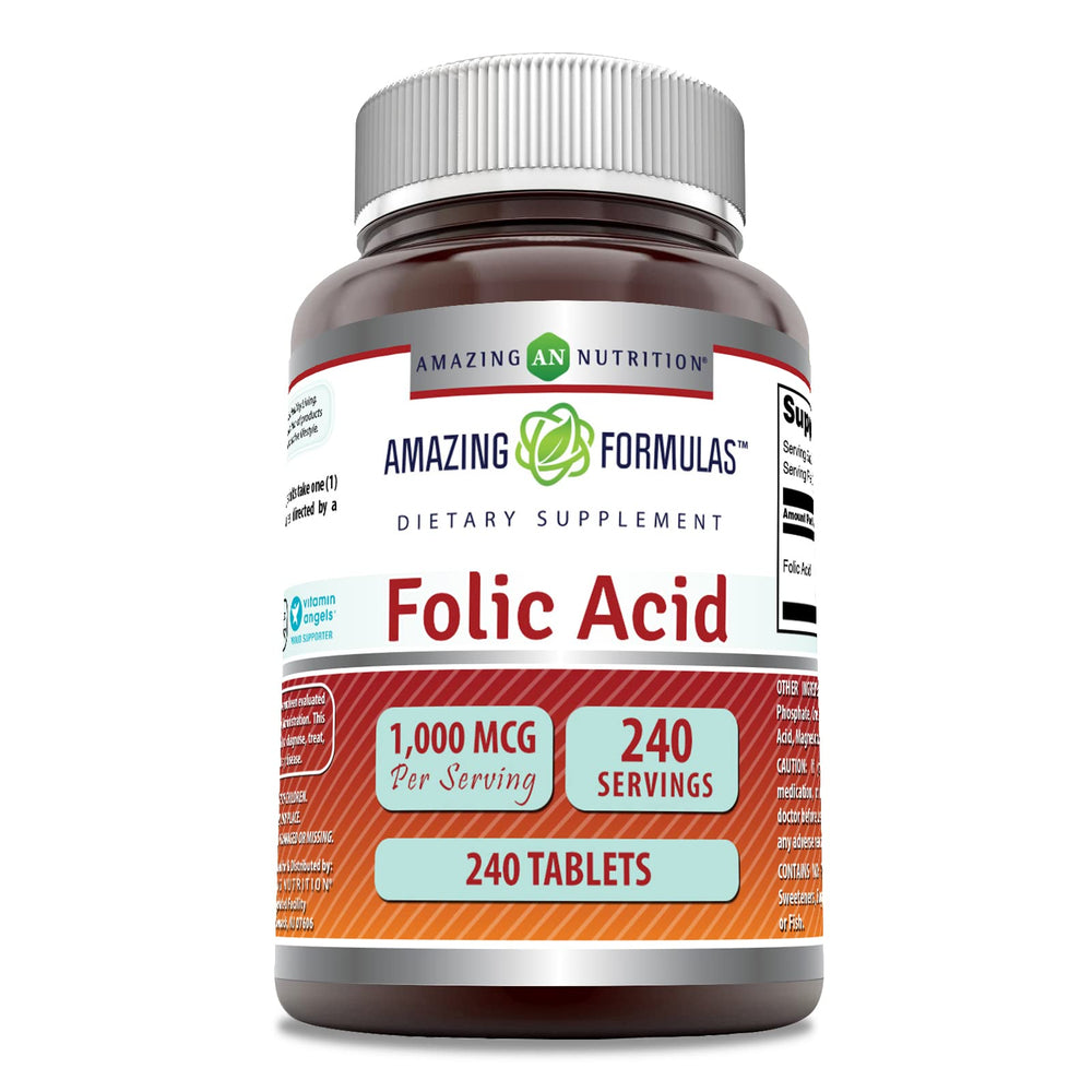 Amazing Nutrition folic acid 1000 mcg bottle front view for daily wellness.