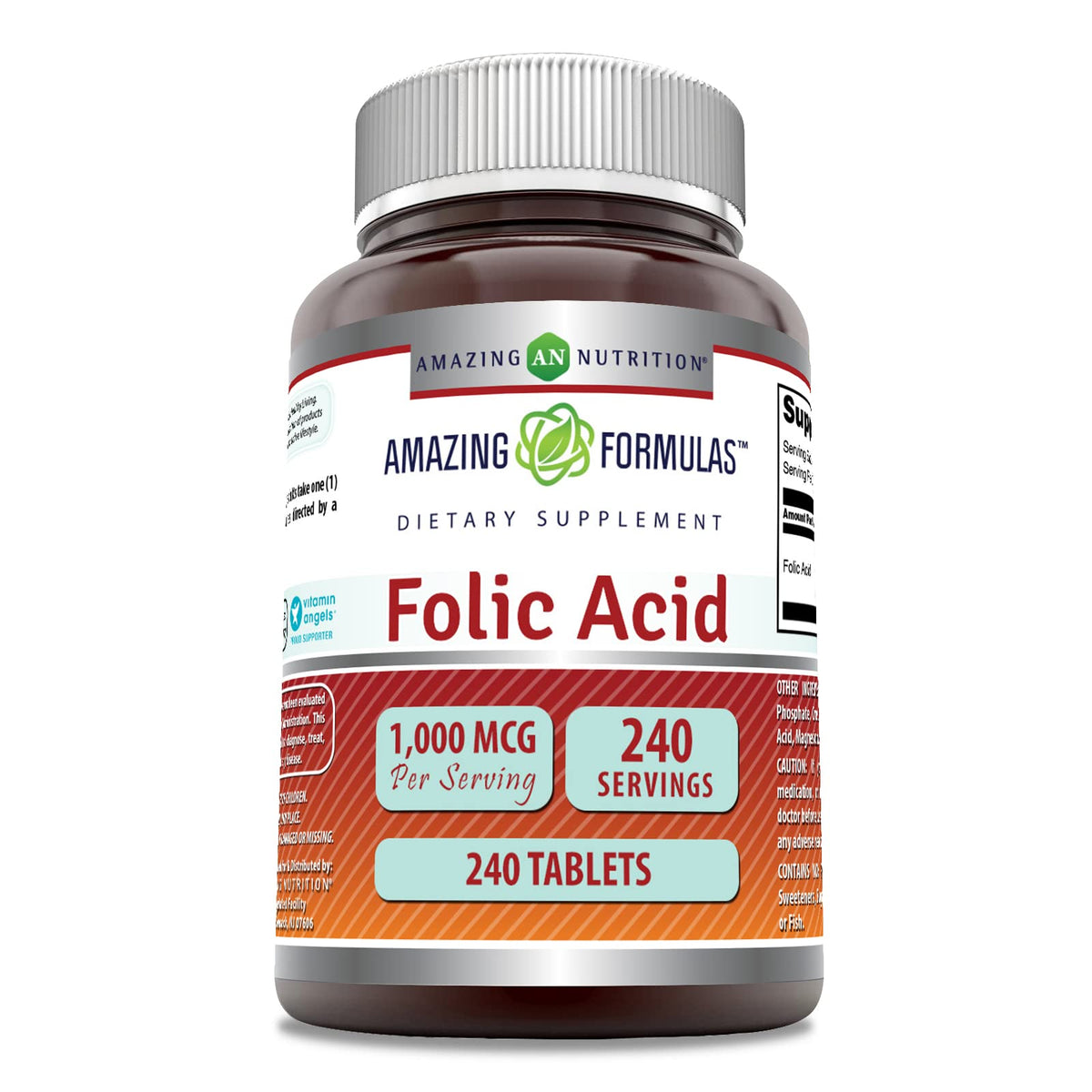 Amazing Nutrition folic acid 1000 mcg bottle front view for daily wellness.