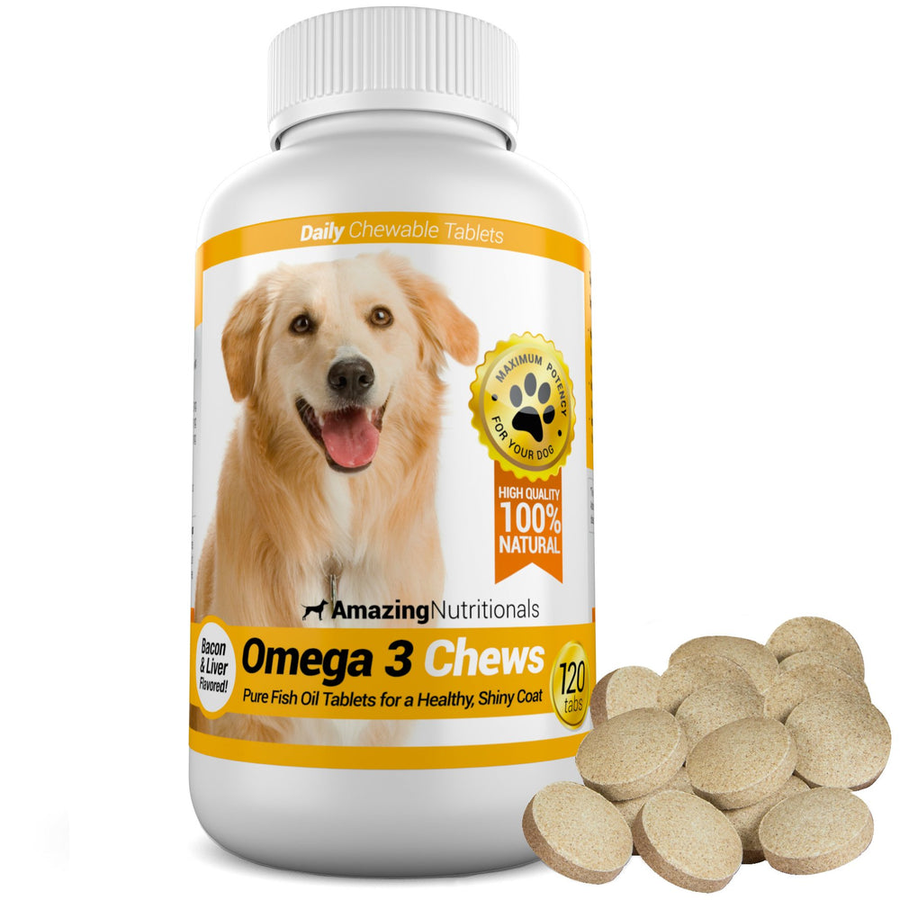 Amazing Omega 3 for Dogs bacon chews bottle shows tasty flavor and easy dosing.